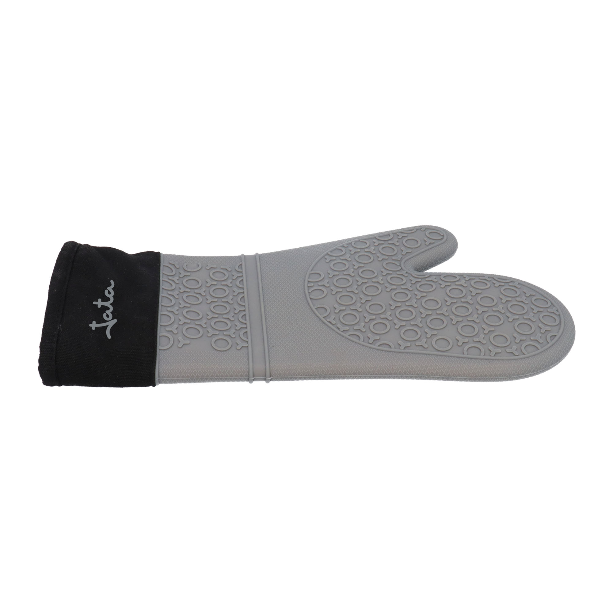 Manopla de silicona gris con puño negro y logo.