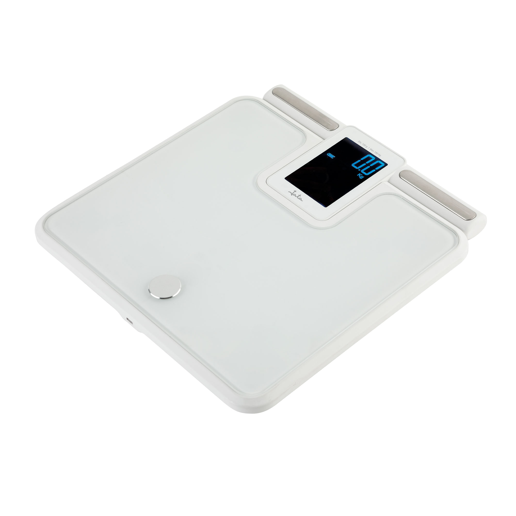 Una báscula digital blanca con pantalla azul que muestra 0,0 kg.