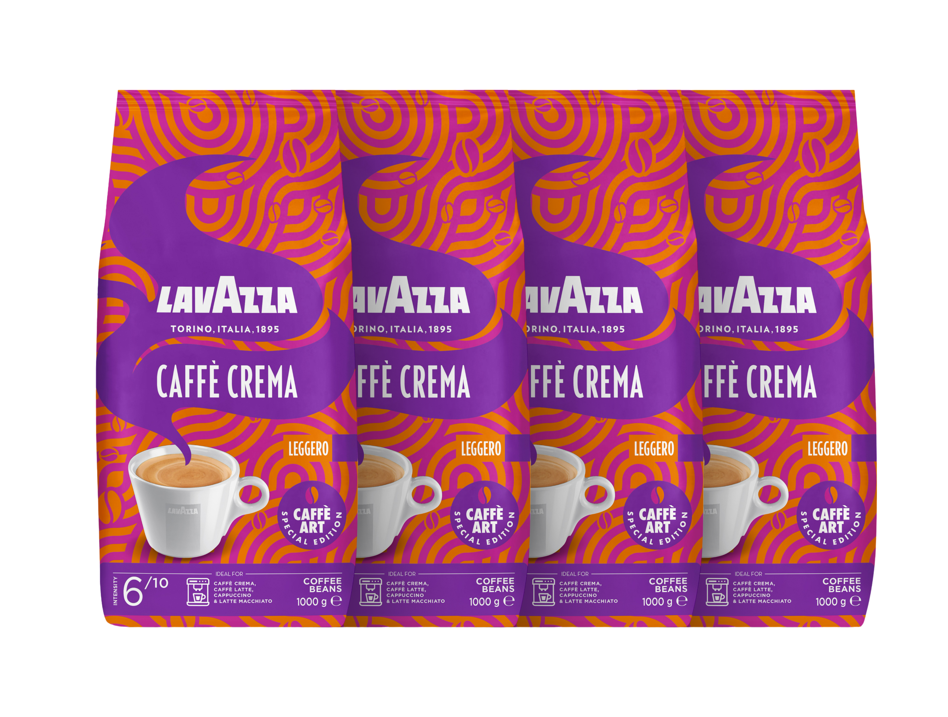 Vier Packungen Lavazza Caffè Crema Kaffee, lila-orange, mit Tassen.