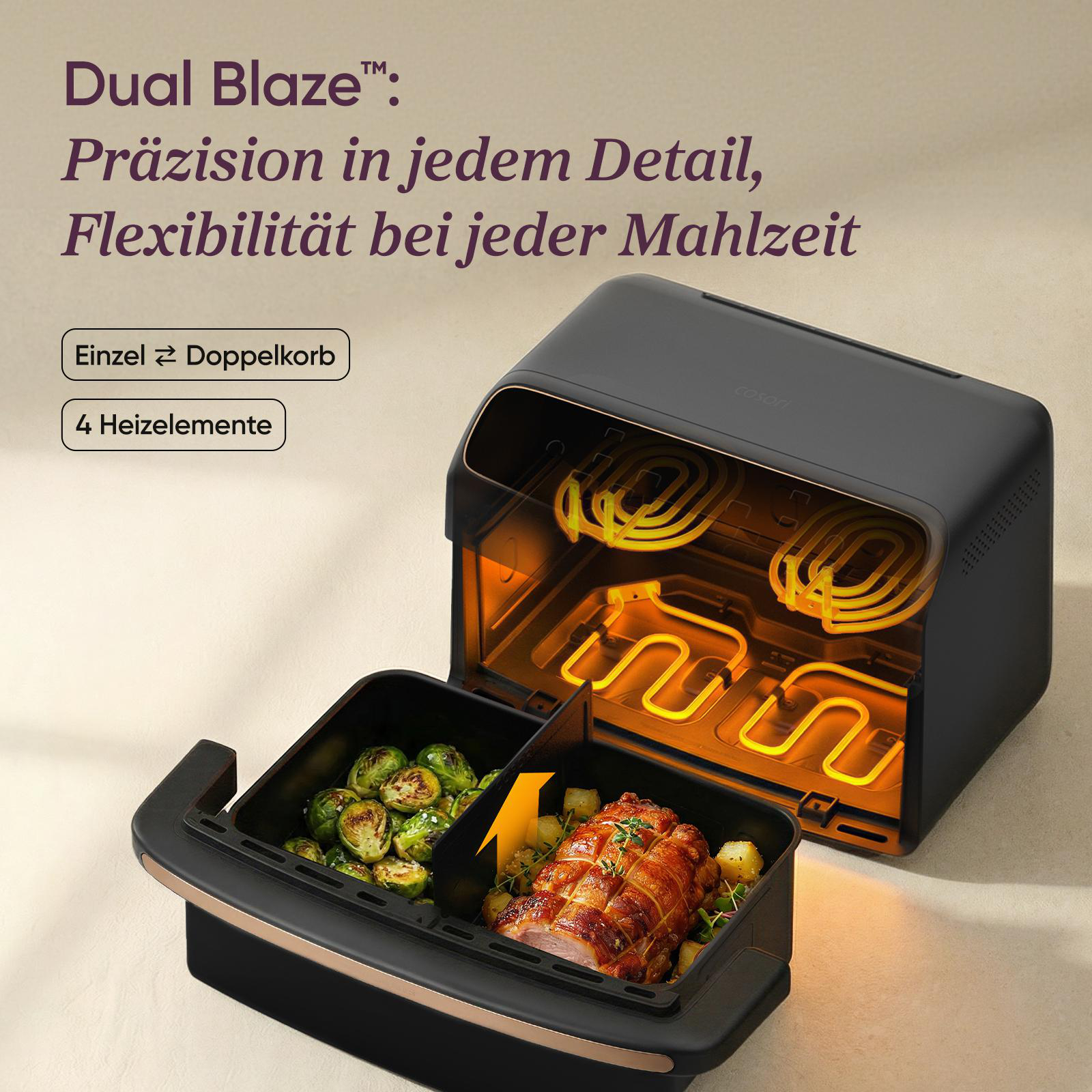Ein schwarzer Heißluftfritteusen-Ofen mit zwei Fächern, gefüllt mit Braten und Rosenkohl.