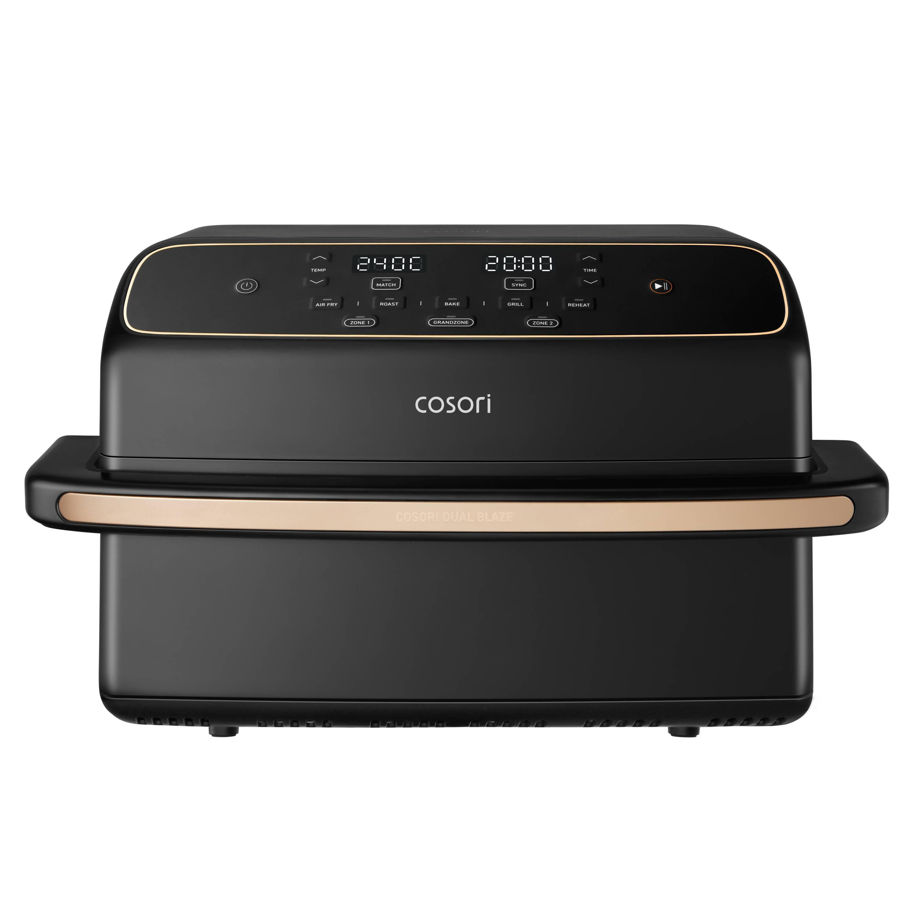 Schwarzer Cosori Dual Blaze Heißluftfritteuse mit digitalem Display und Bedienfeld.