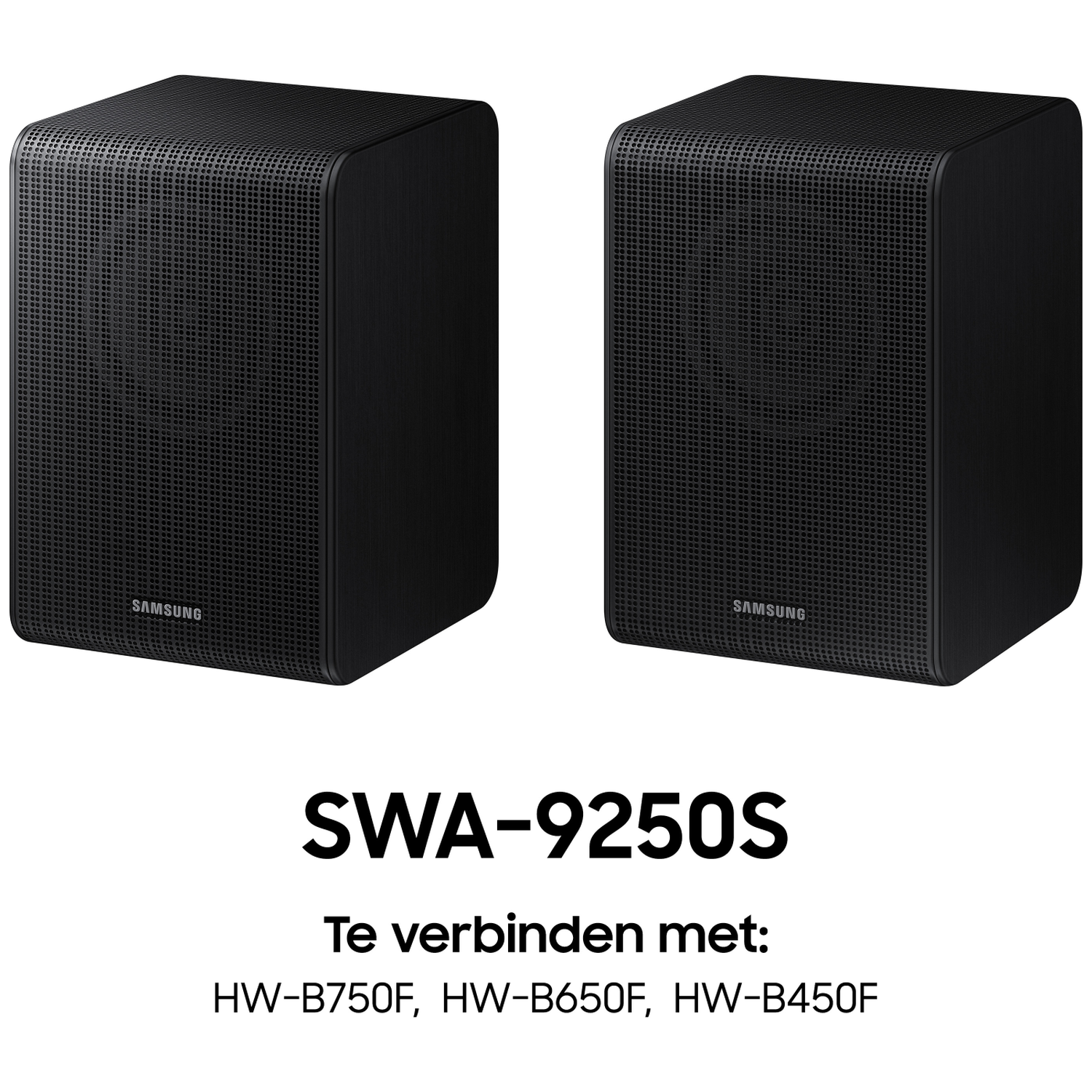 Two black Samsung speakers with perforated front, model SWA-9250S.