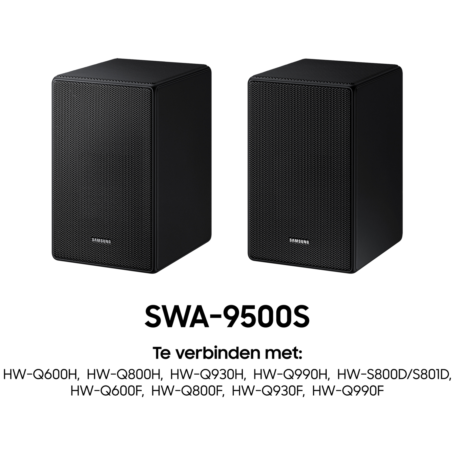 Two black Samsung SWA-9500S speakers side by side.