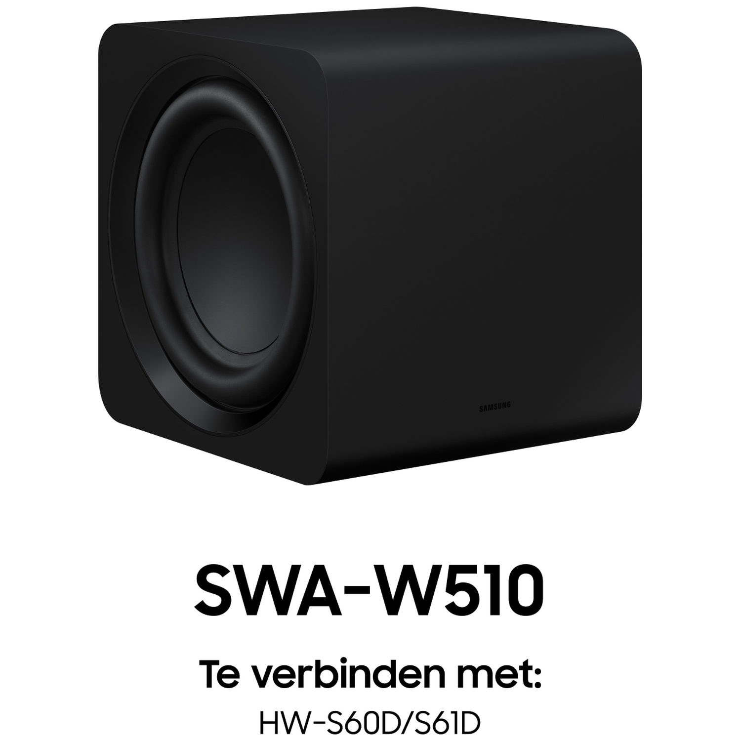Black Samsung SWA-W510 subwoofer on a white background.
