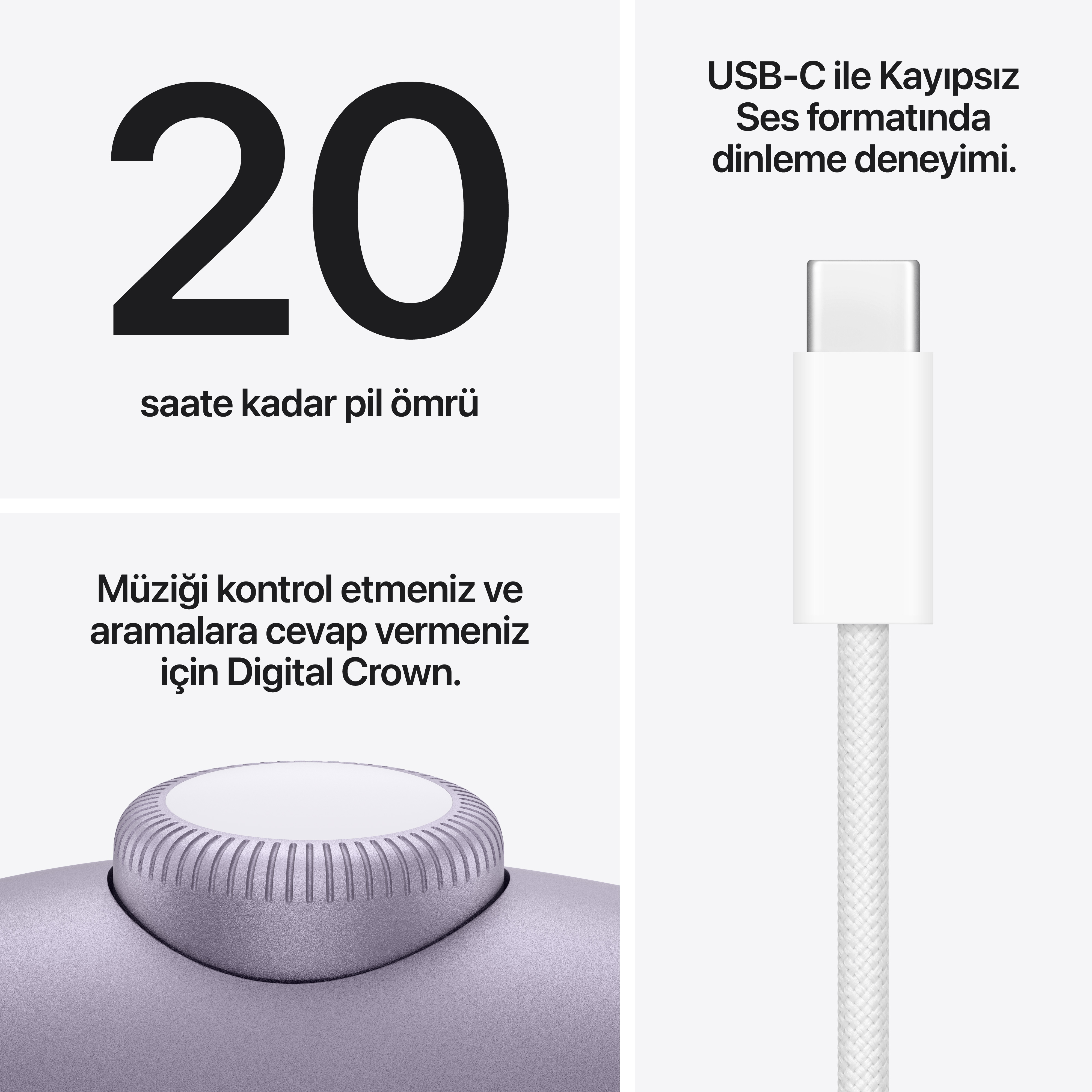 20 saat pil ömrü, USB-C kablo, Digital Crown ile kontrol.