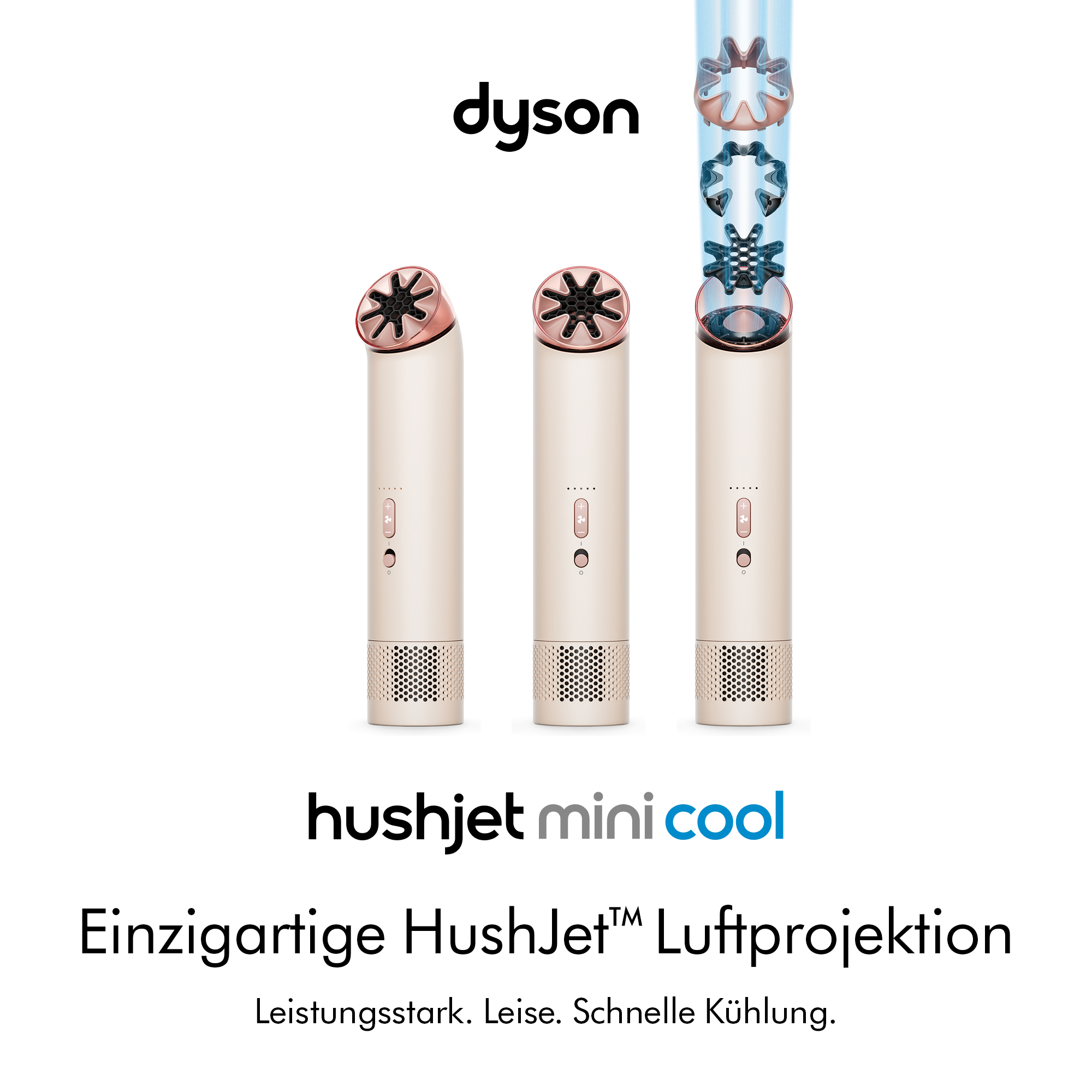 Drei Dyson HushJet Mini Cool Haartrockner in Beige mit Roségolddetails.