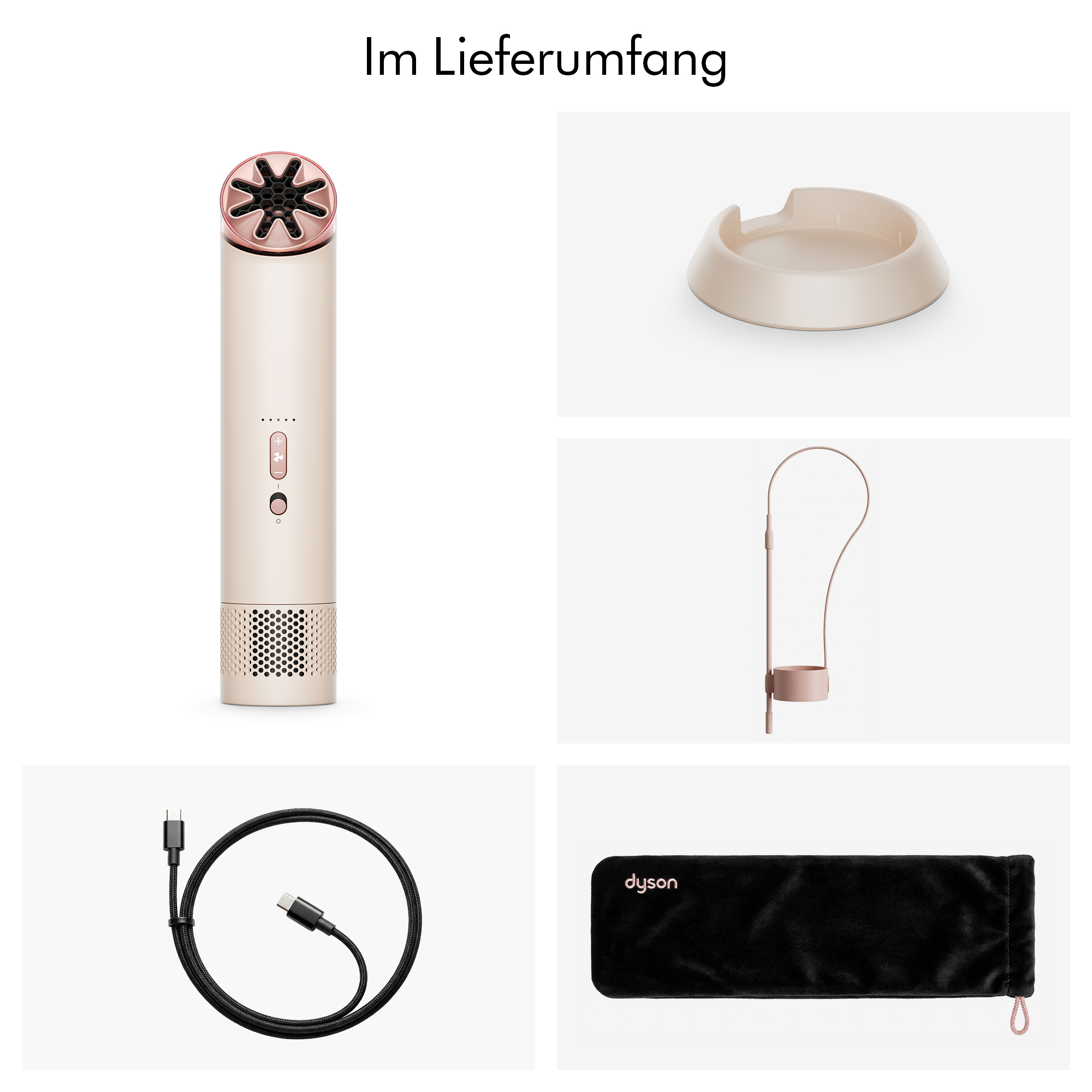 Ein goldener Haartrockner mit Zubehör: Ladestation, Kabel und Tasche.