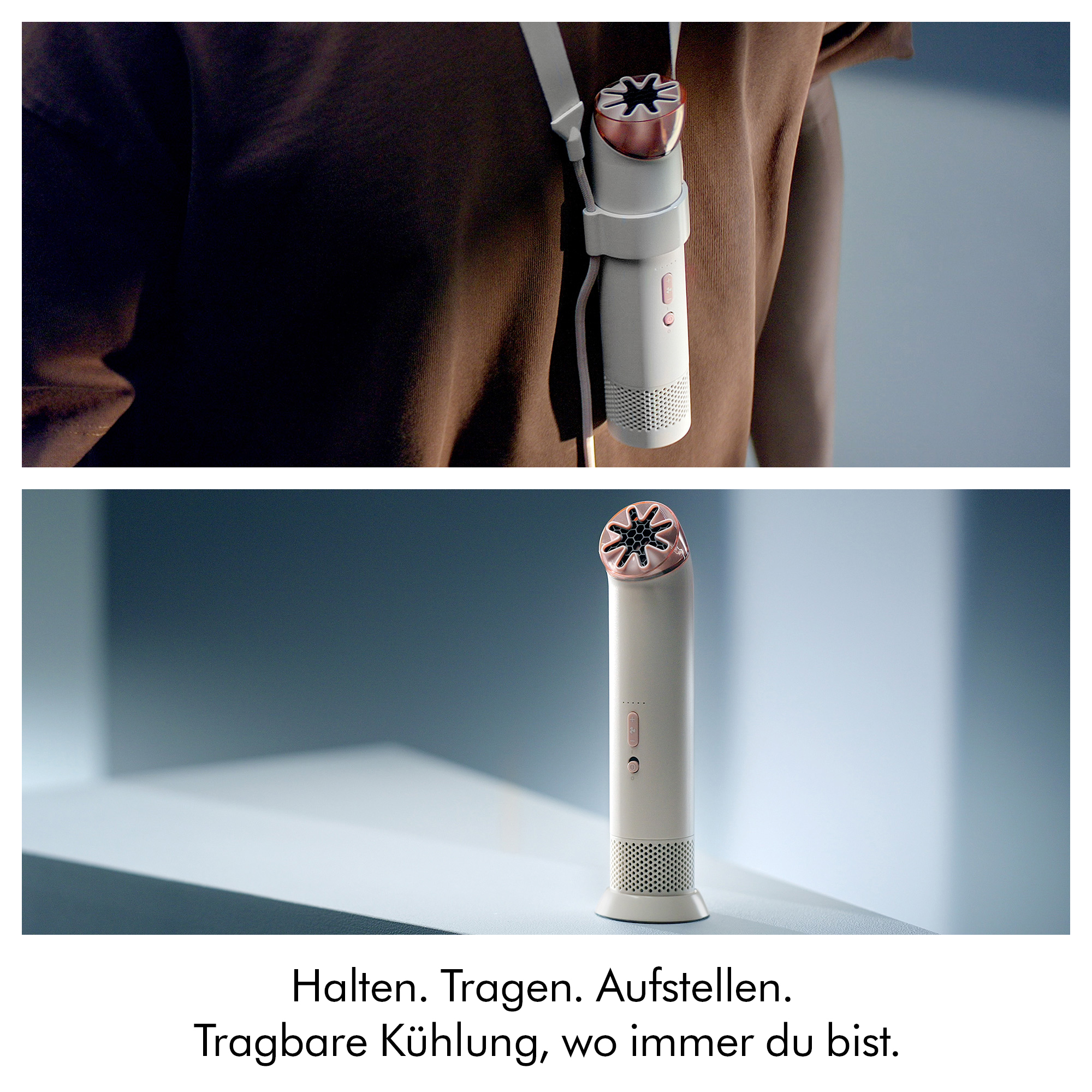 Tragbarer Lüfter mit roséfarbener Spitze, getragen und aufgestellt.