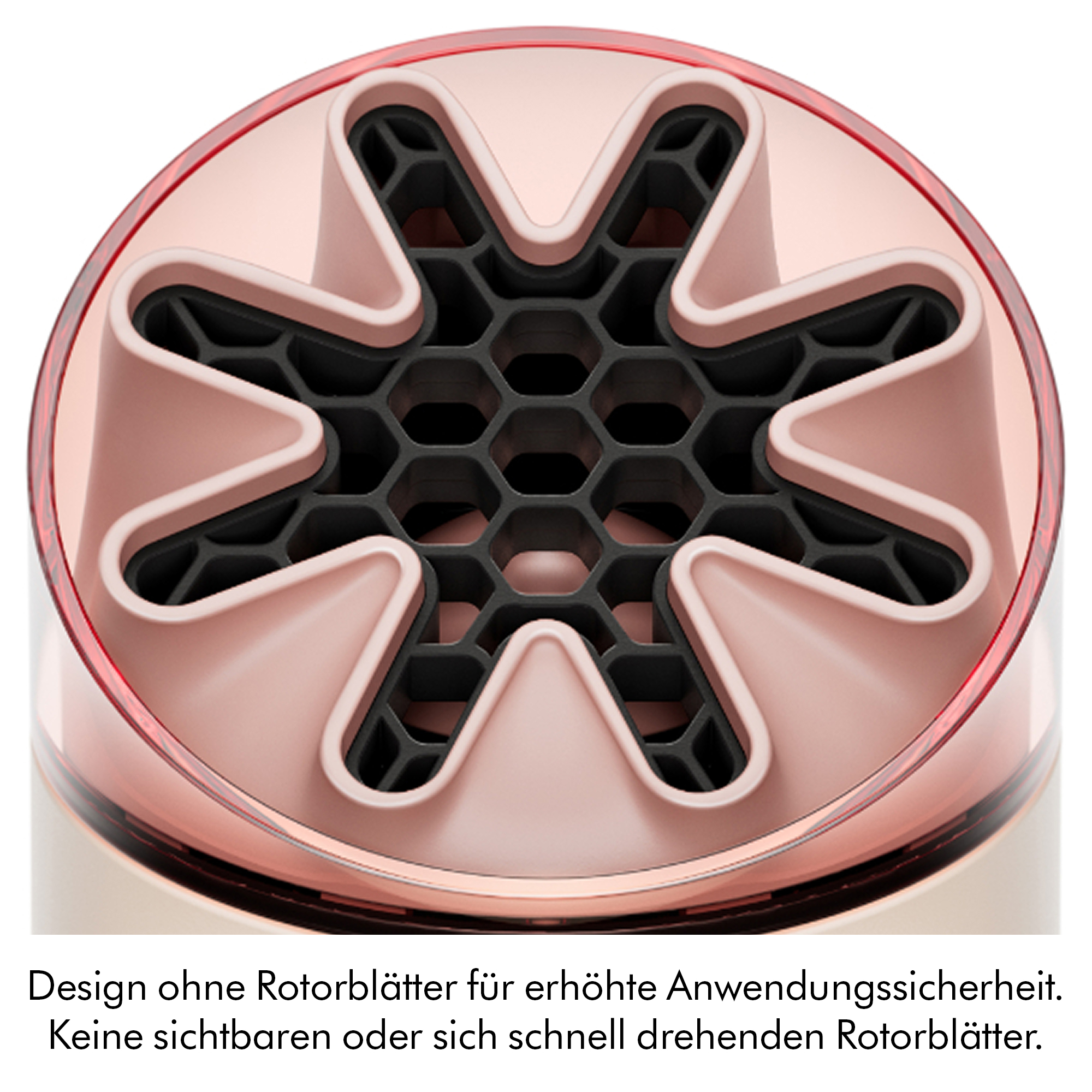 Nahaufnahme eines blassrosa Diffusoraufsatzes mit schwarzem Wabengitter.