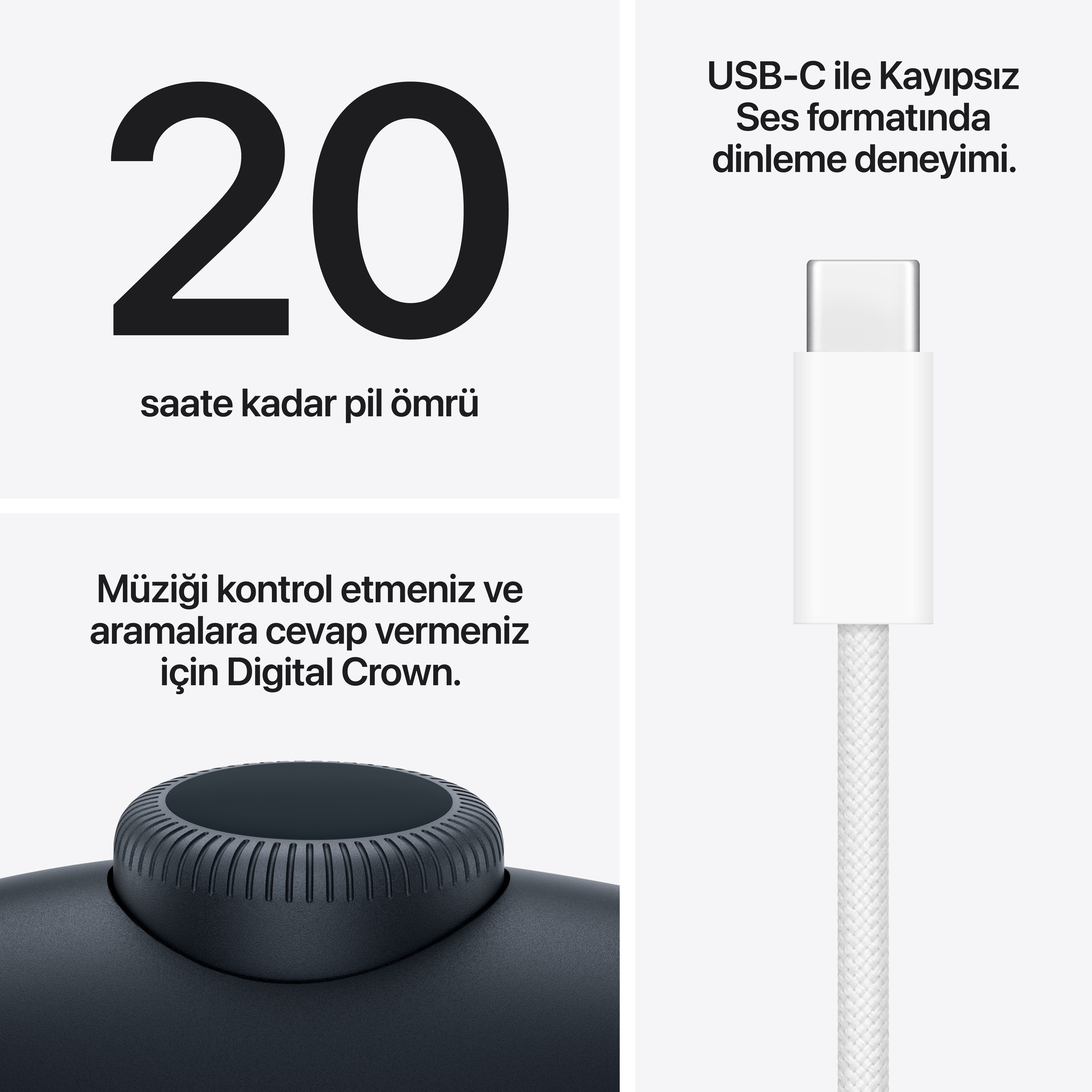 20 saat pil ömrü, USB-C kablosu ve Digital Crown.