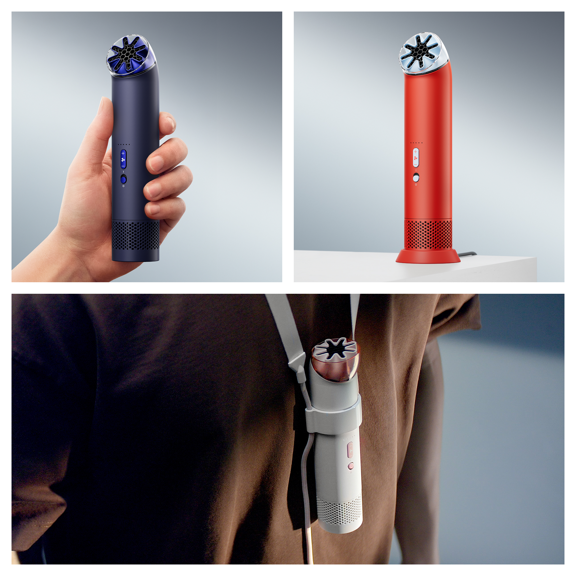 Ein blauer, roter und weißer Handheld-Luftreiniger mit verschiedenen Halterungen.