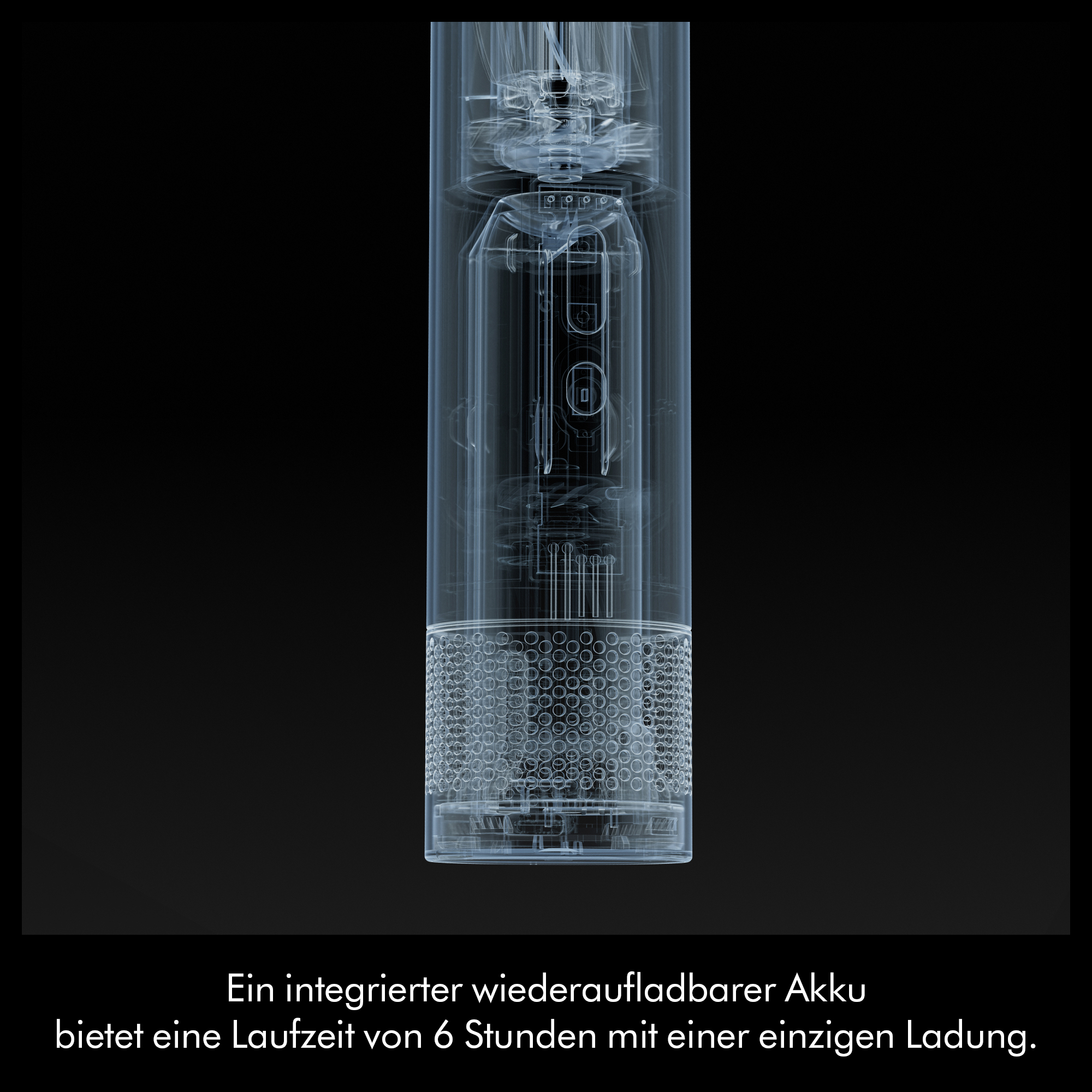 Transparente Ansicht eines Geräts mit internem Akku und Lüfter.