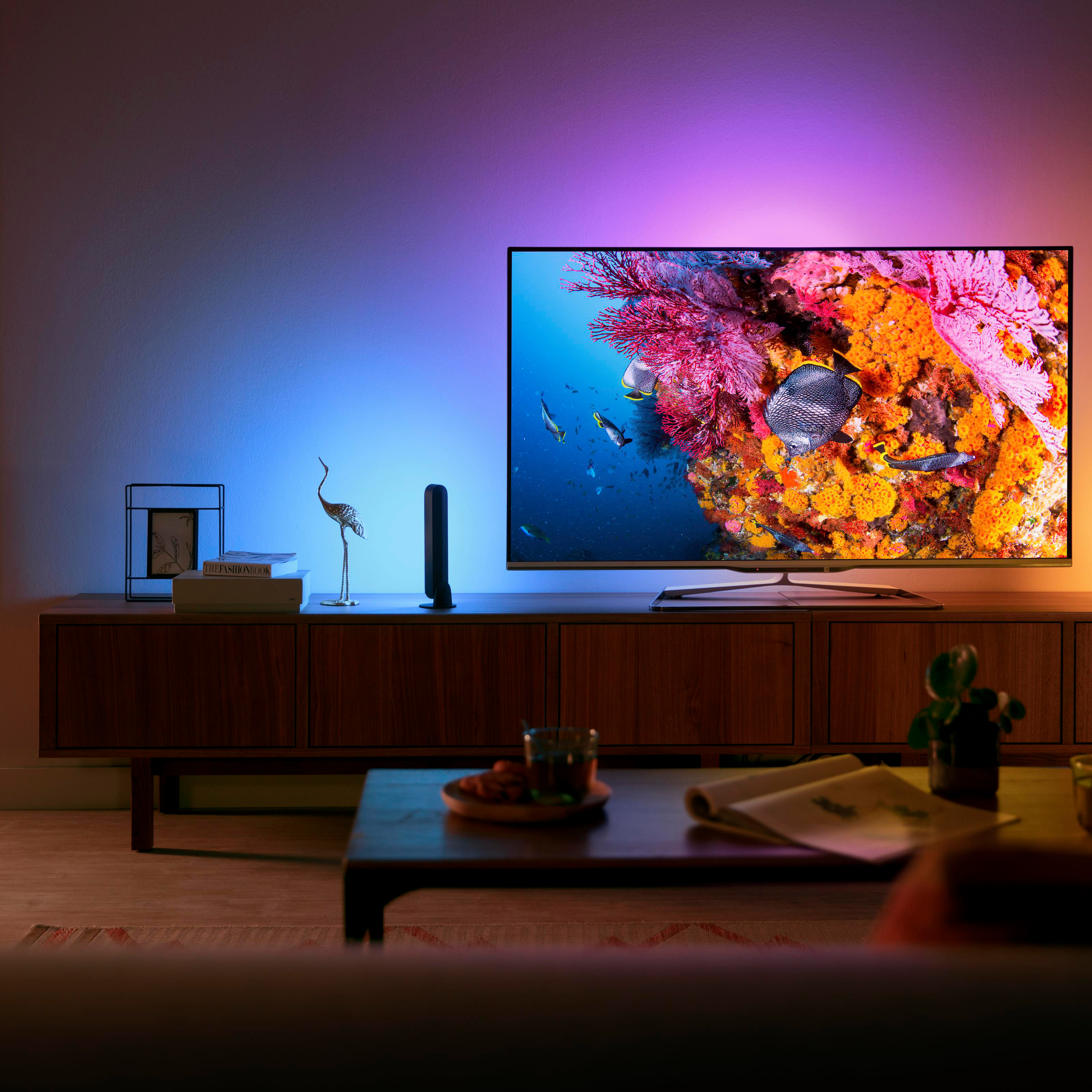 Ein moderner Wohnraum mit einem Fernseher, der ein Unterwasserbild zeigt.