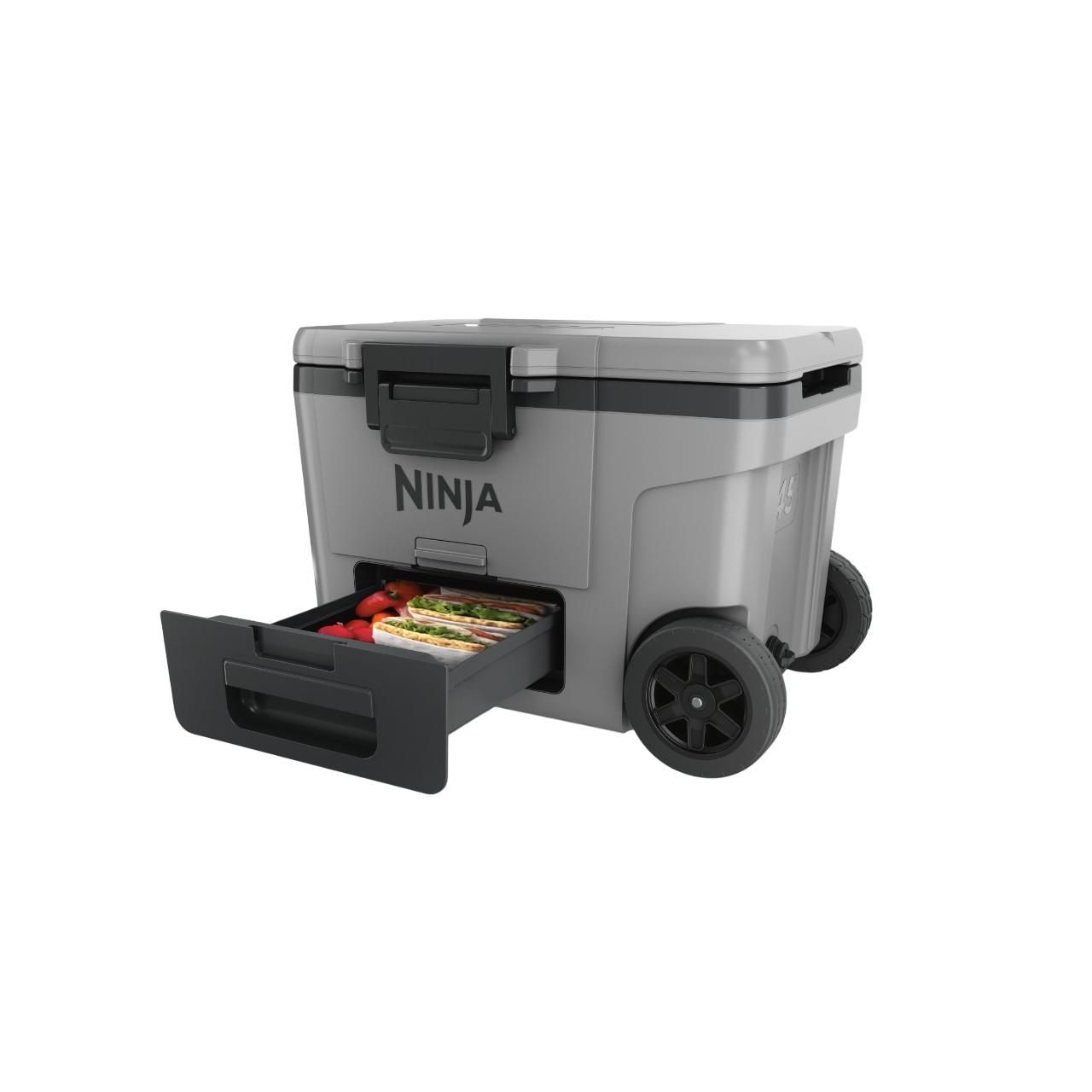 Grauer Ninja-Kühler mit ausziehbarem Fach für Sandwiches und Tomaten.