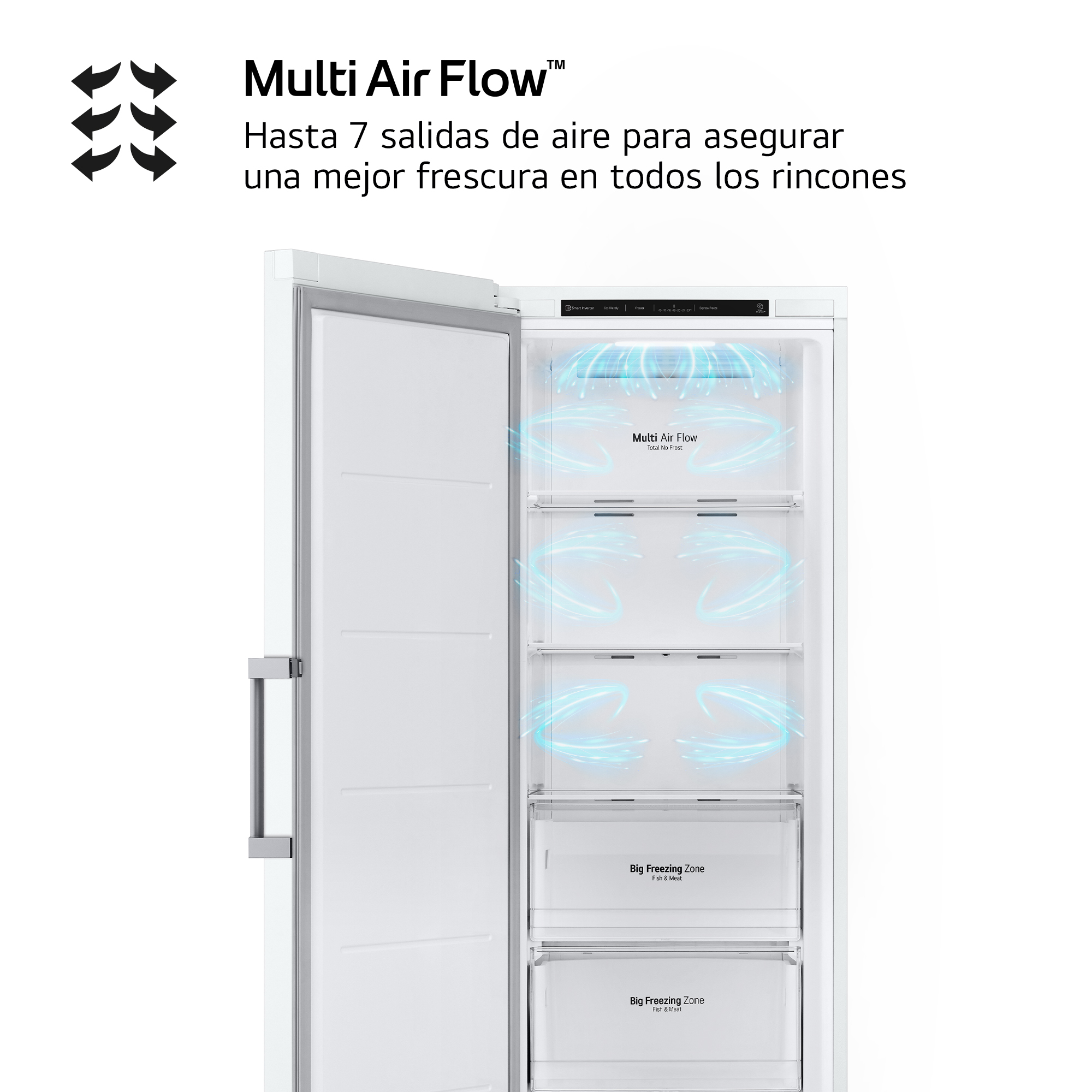Un refrigerador con la puerta abierta, mostrando Multi Air Flow.