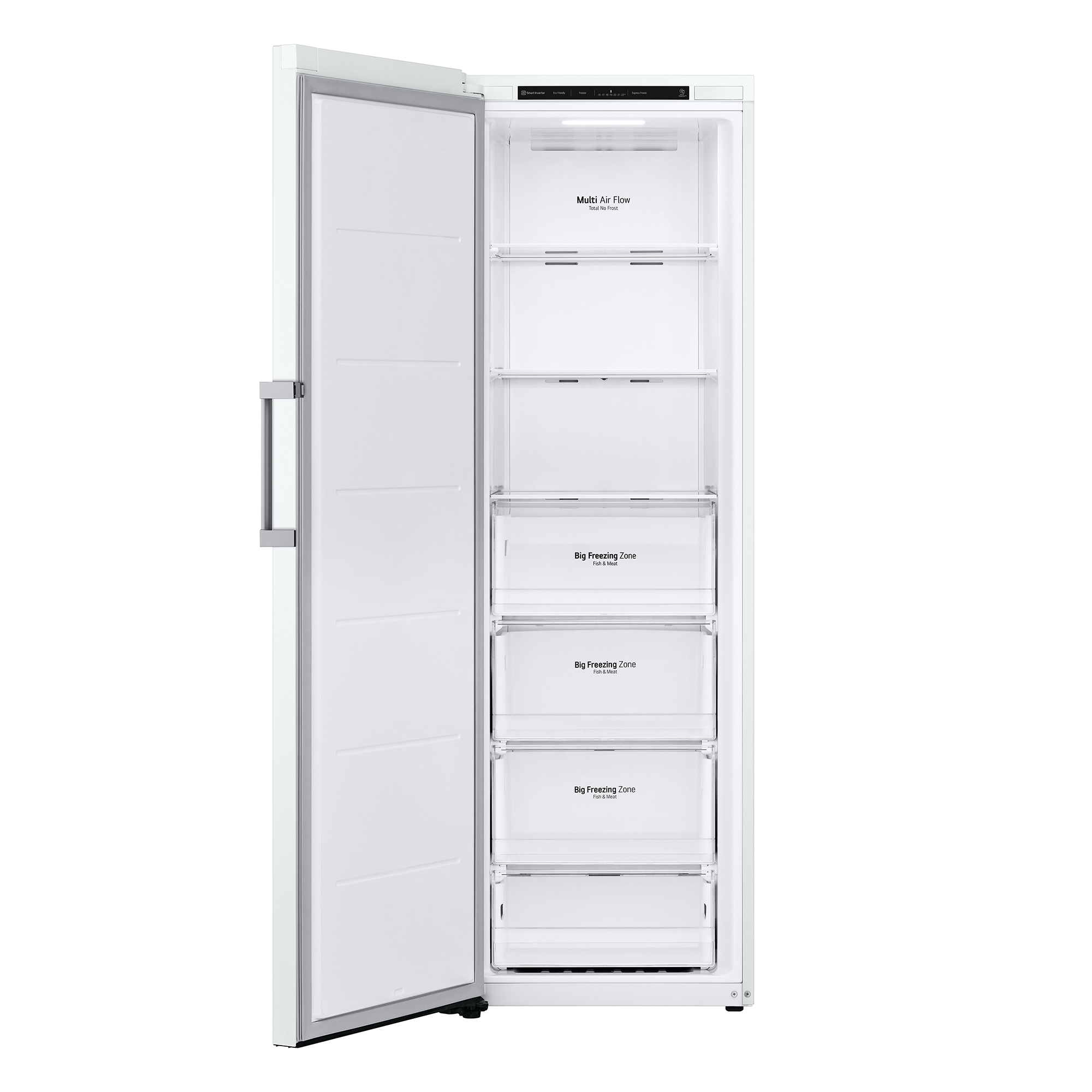 Un refrigerador blanco con la puerta abierta, que muestra varios cajones.
