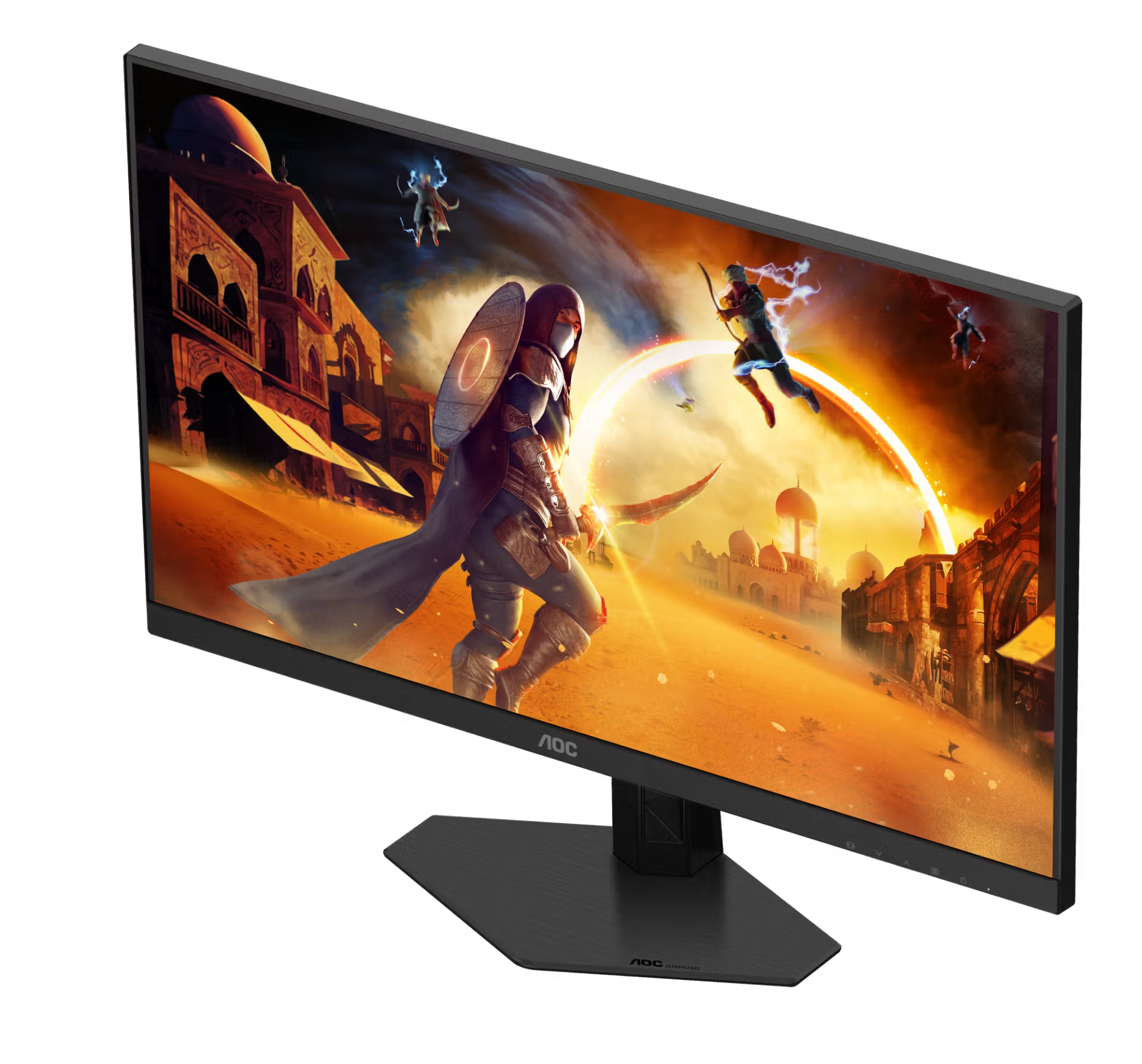 Un monitor muestra un juego de fantasía con guerreros en una ciudad oriental.
