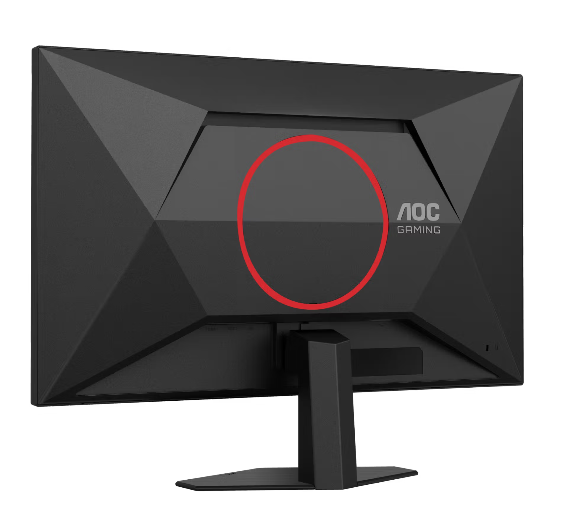Parte trasera de un monitor gaming AOC negro con círculo rojo.