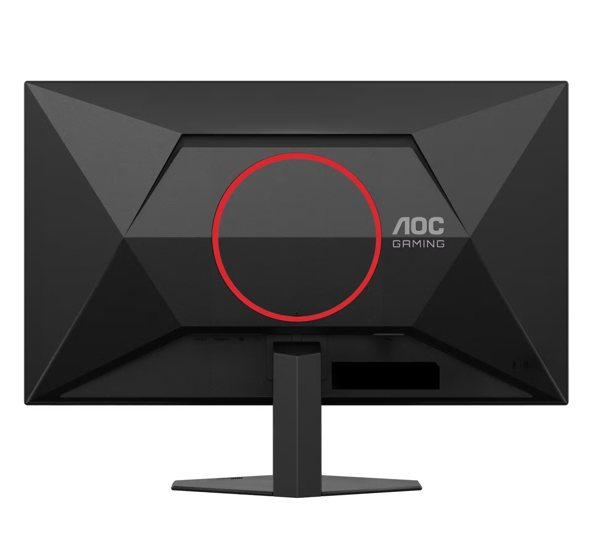 Parte trasera de un monitor gaming AOC negro con círculo rojo y logo.
