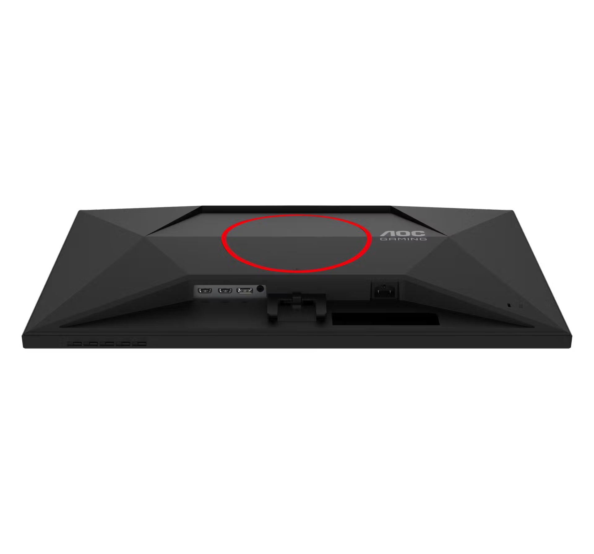 Vista trasera de un monitor AOC Gaming negro con puertos y logo.