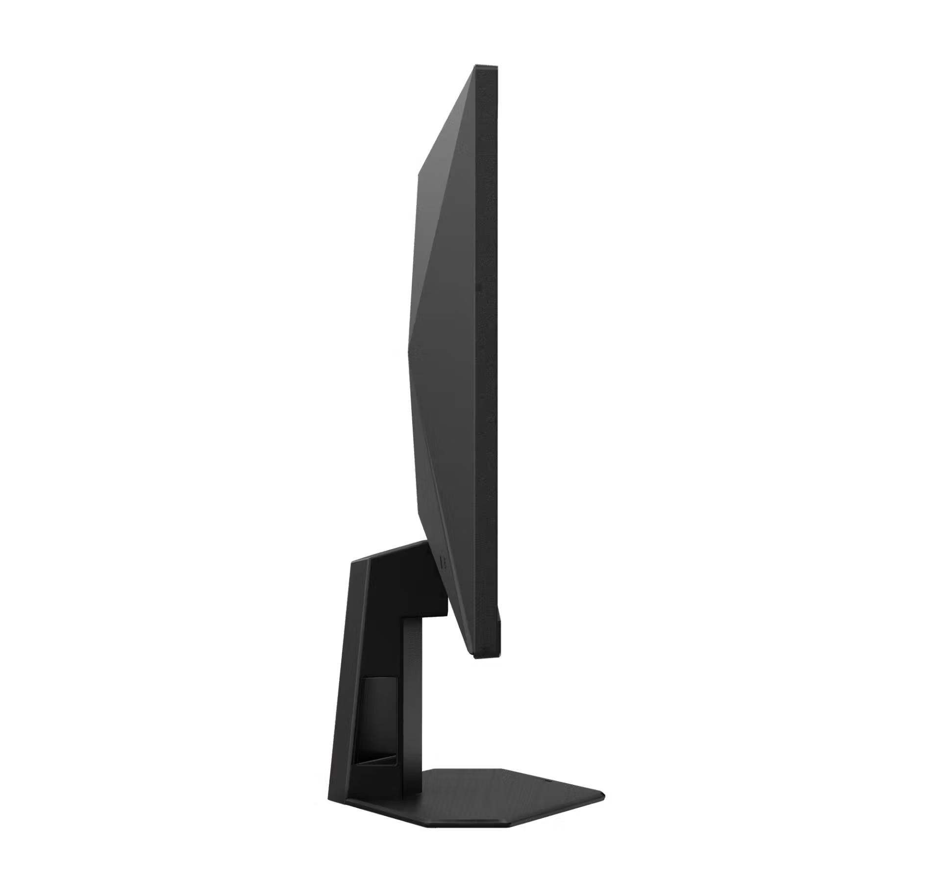 Monitor de computadora negro con bisel delgado en un soporte, visto de lado.