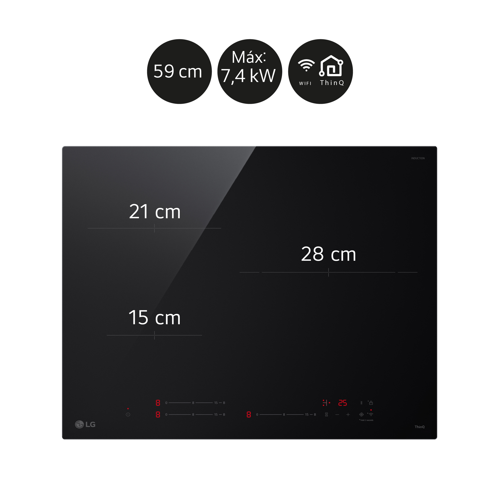 Placa de inducción negra, dimensiones 59cm, 7.4kW, WiFi ThinQ. Zonas: 21cm, 15cm, 28cm.