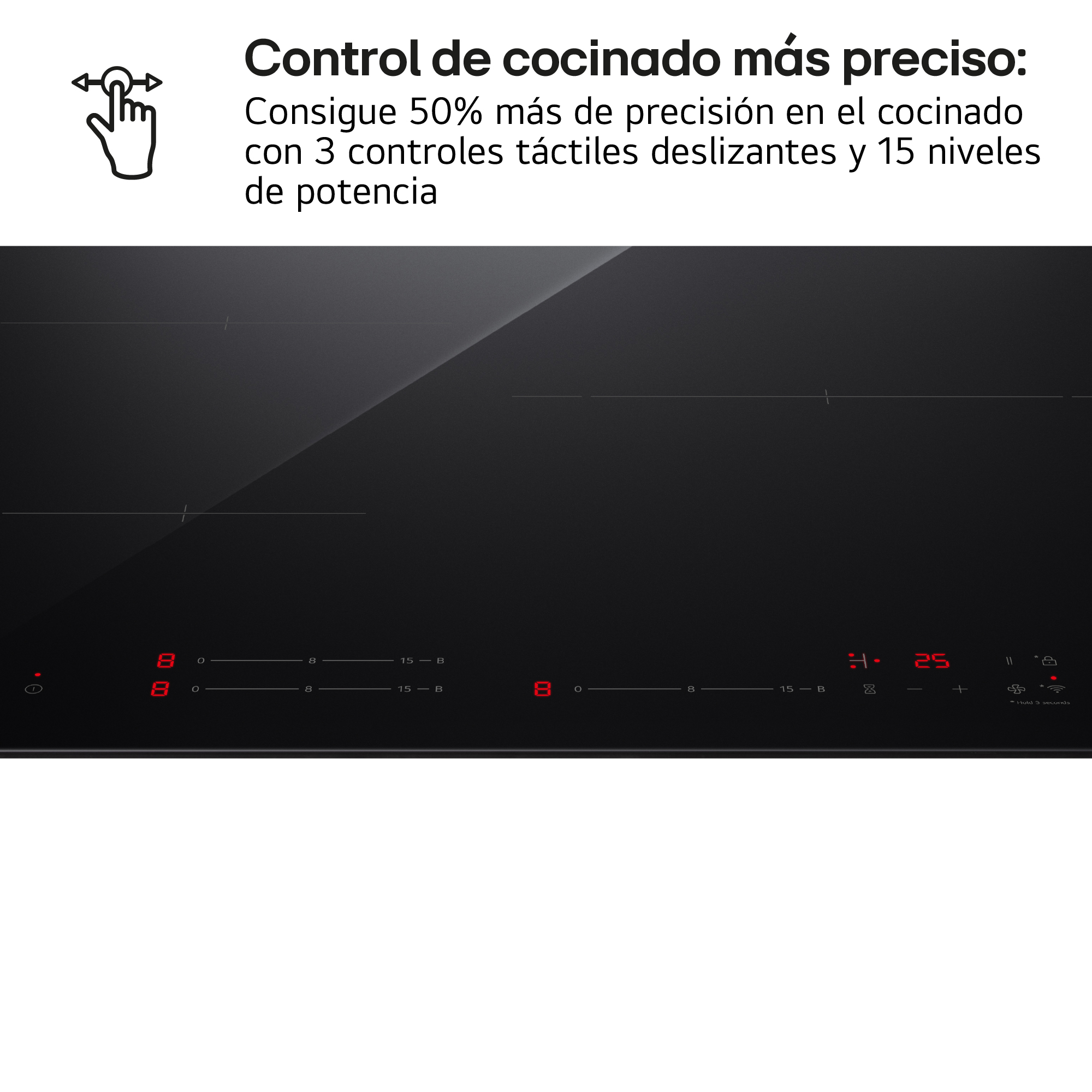 Placa de inducción negra con controles táctiles y pantallas digitales para zonas.