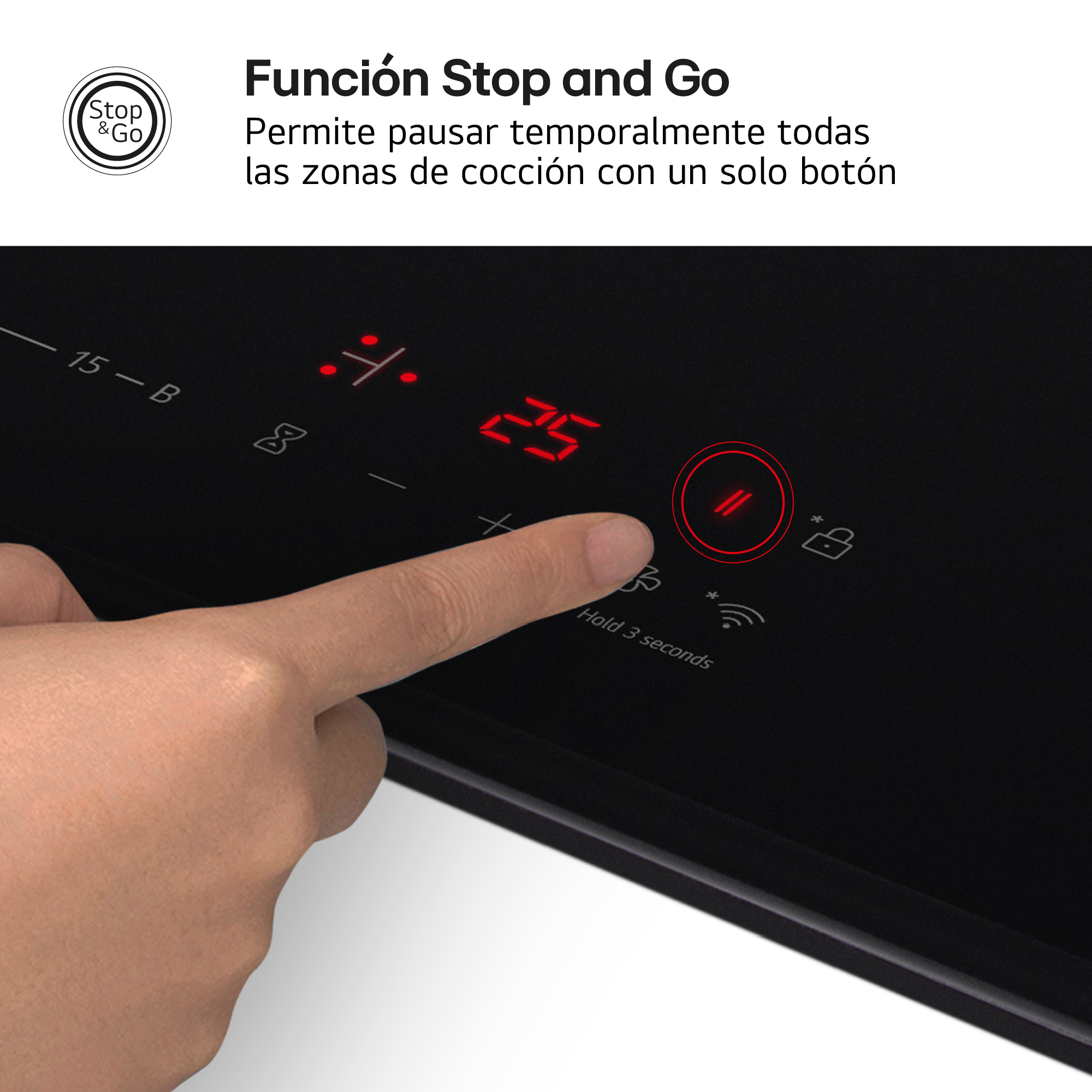 Un dedo pulsa una pantalla de cocina con el icono "Stop & Go".