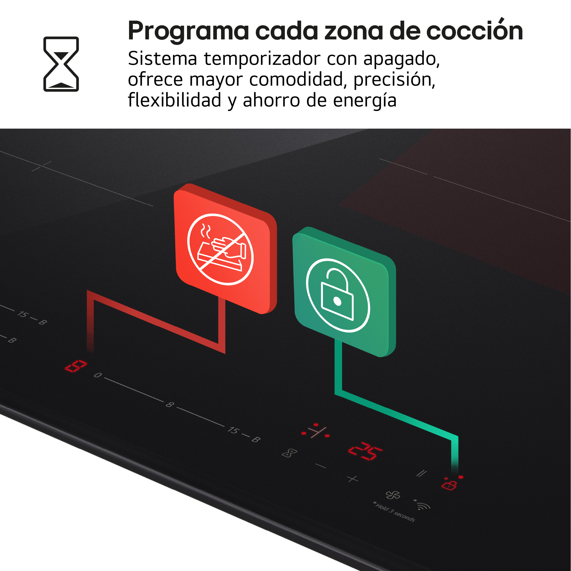 Una placa de cocina con iconos rojos y verdes, pantalla de temporizador y botones.