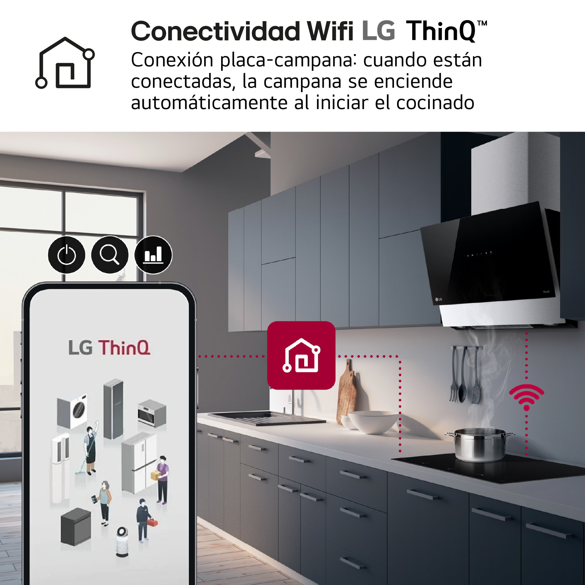 Cocina moderna con campana extractora y placa de inducción controlada por app.