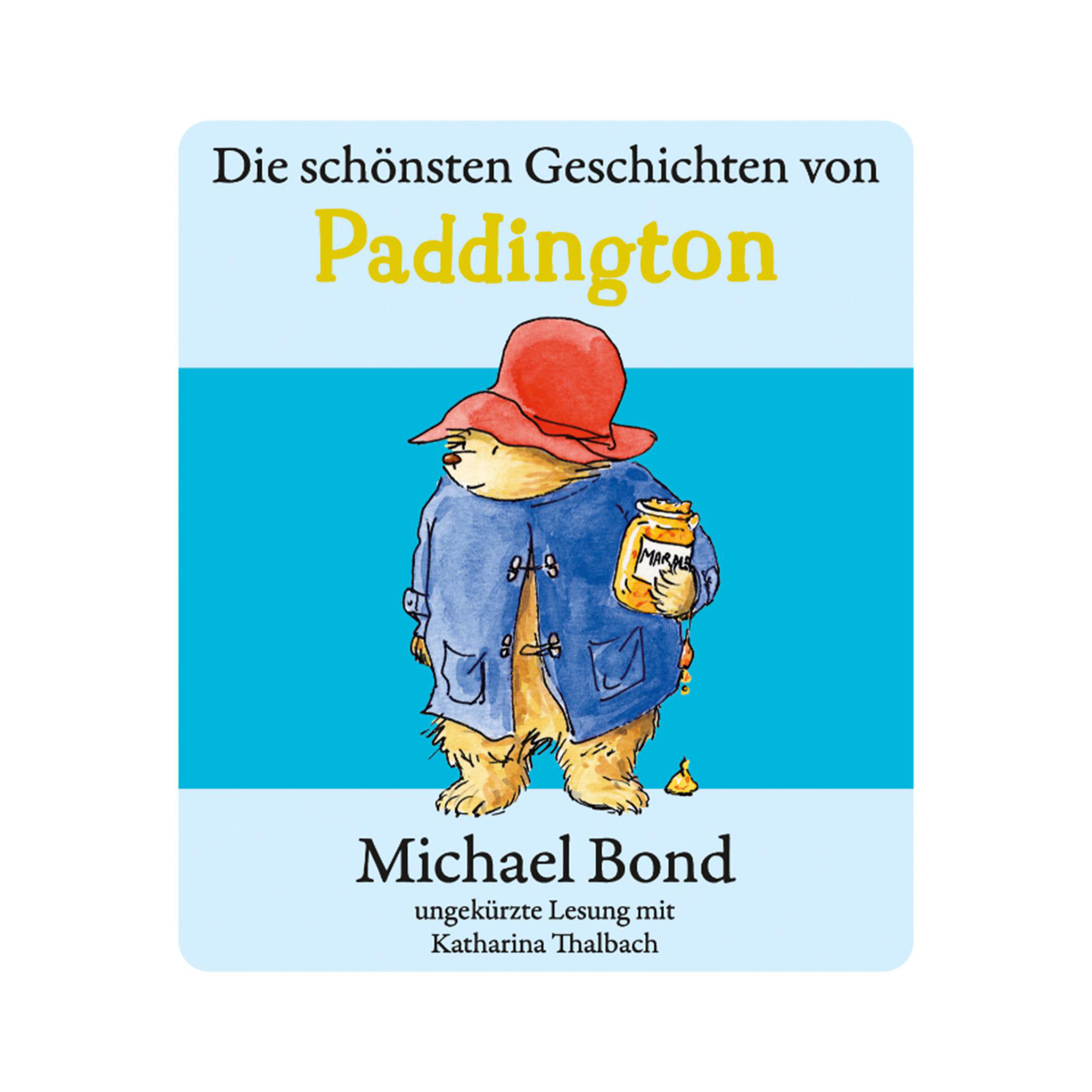 Paddington Bär mit Hut und Marmeladenglas auf blauem Hintergrund.