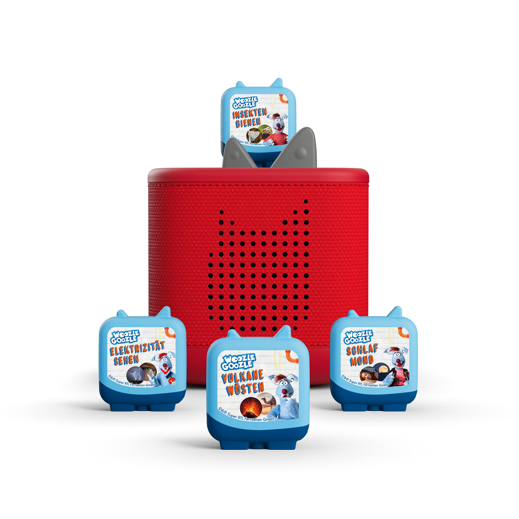 Roter Toniebox mit vier blauen Tonie-Figuren davor und einer oben.