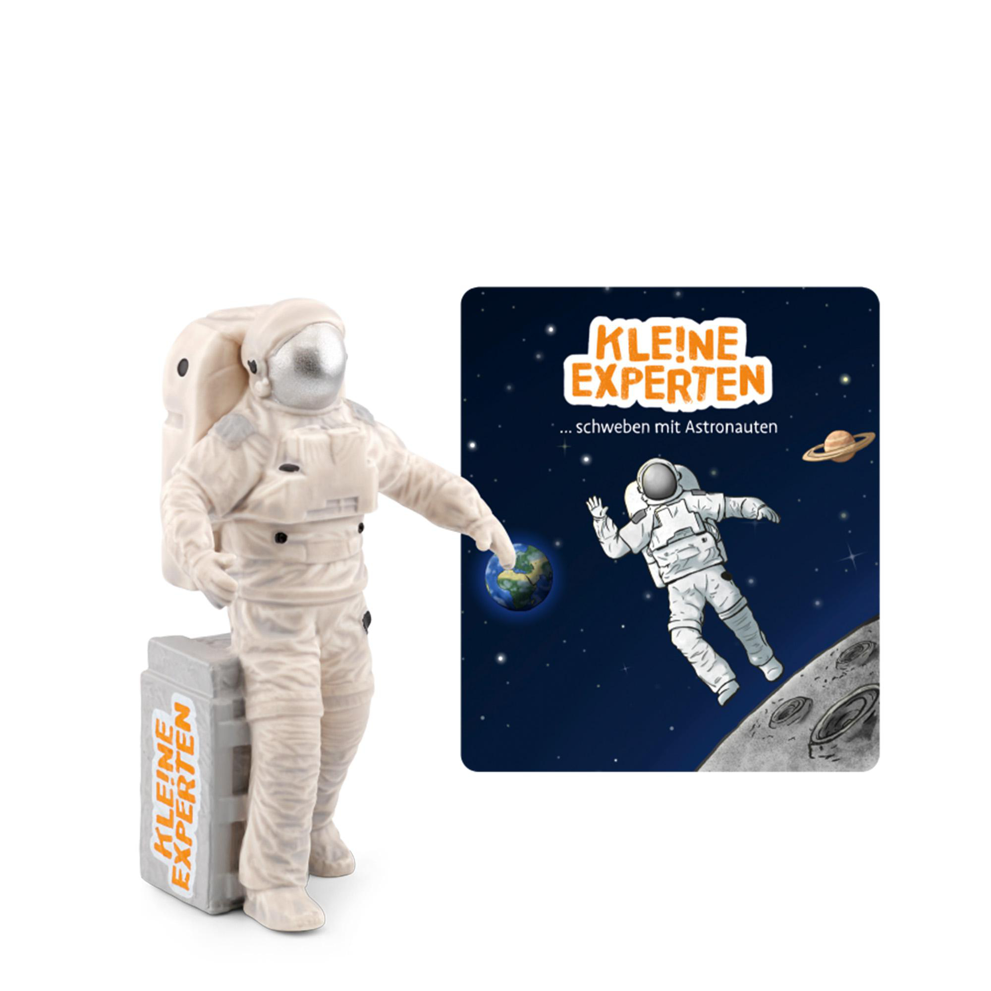 Figur eines Astronauten neben einer Darstellung von Weltraum und Planeten.