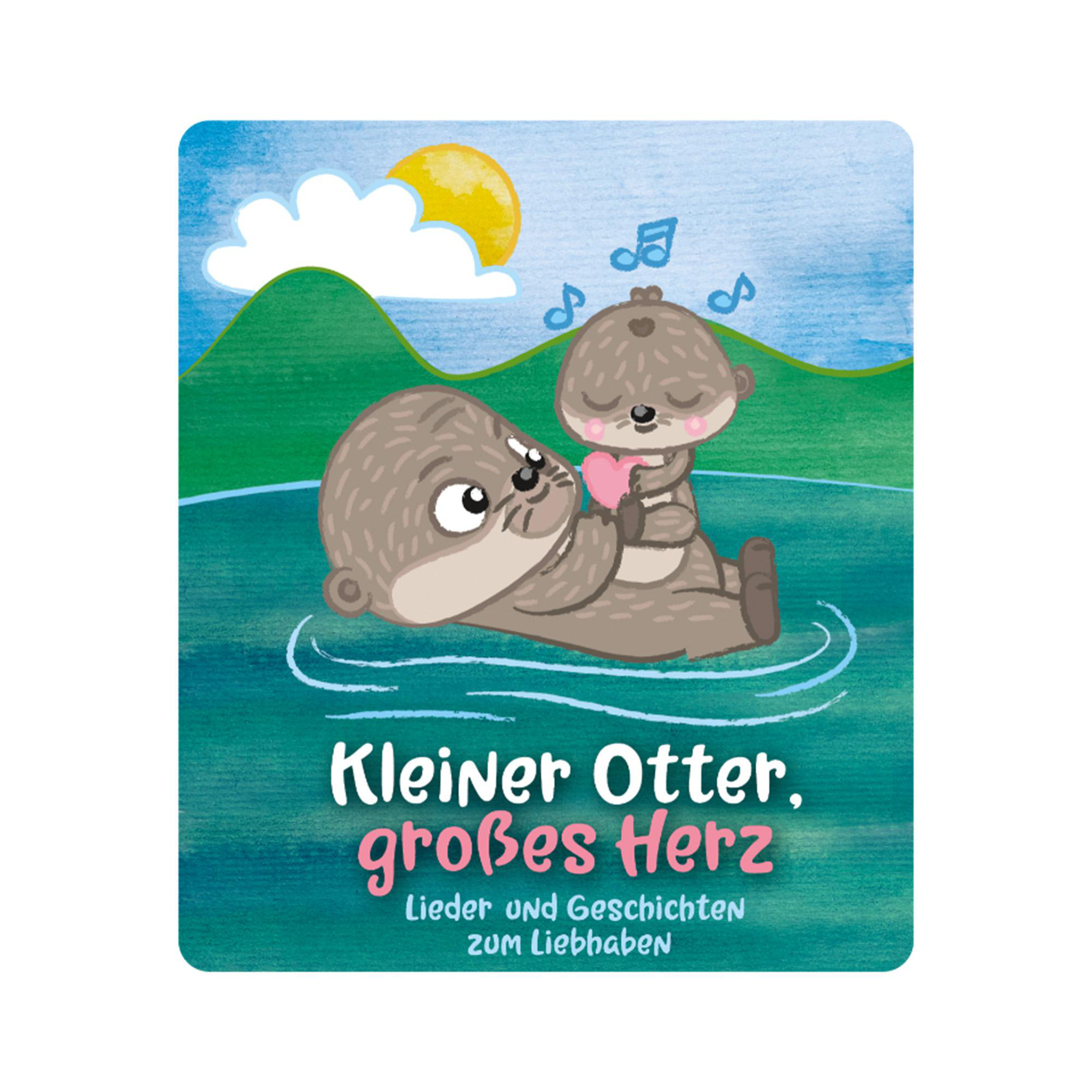 Zwei Otter schwimmen im Wasser, halten ein Herz und singen.