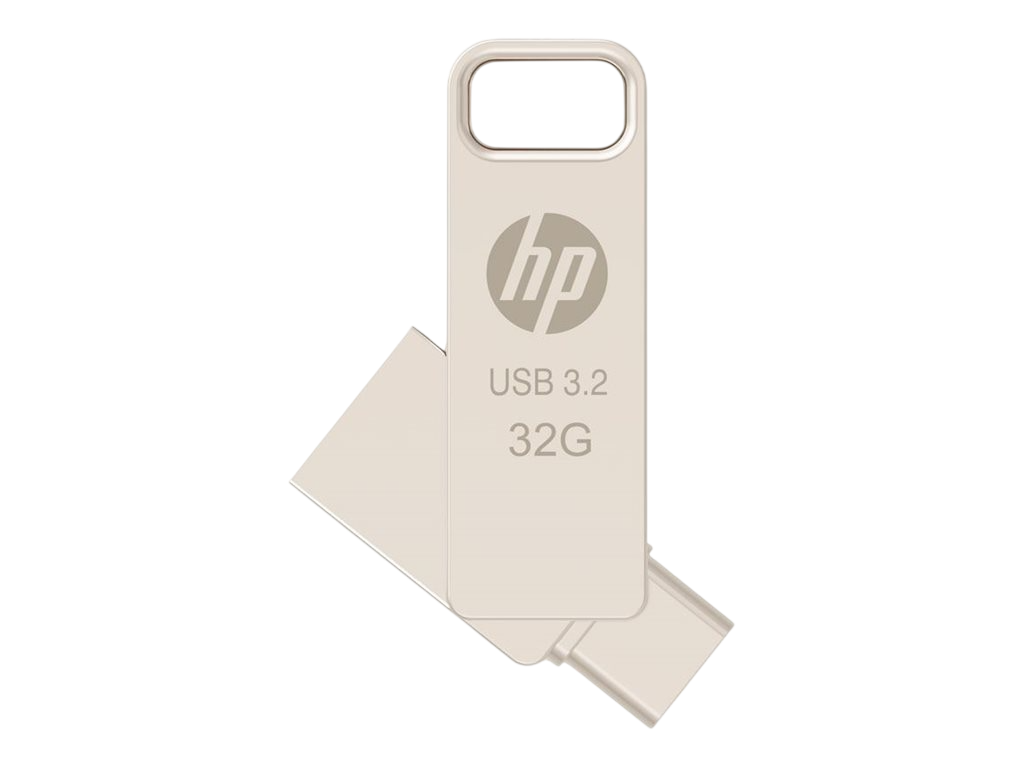 Silberner HP USB 3.2 32GB Stick mit sichtbarem Stecker und Anhänger.