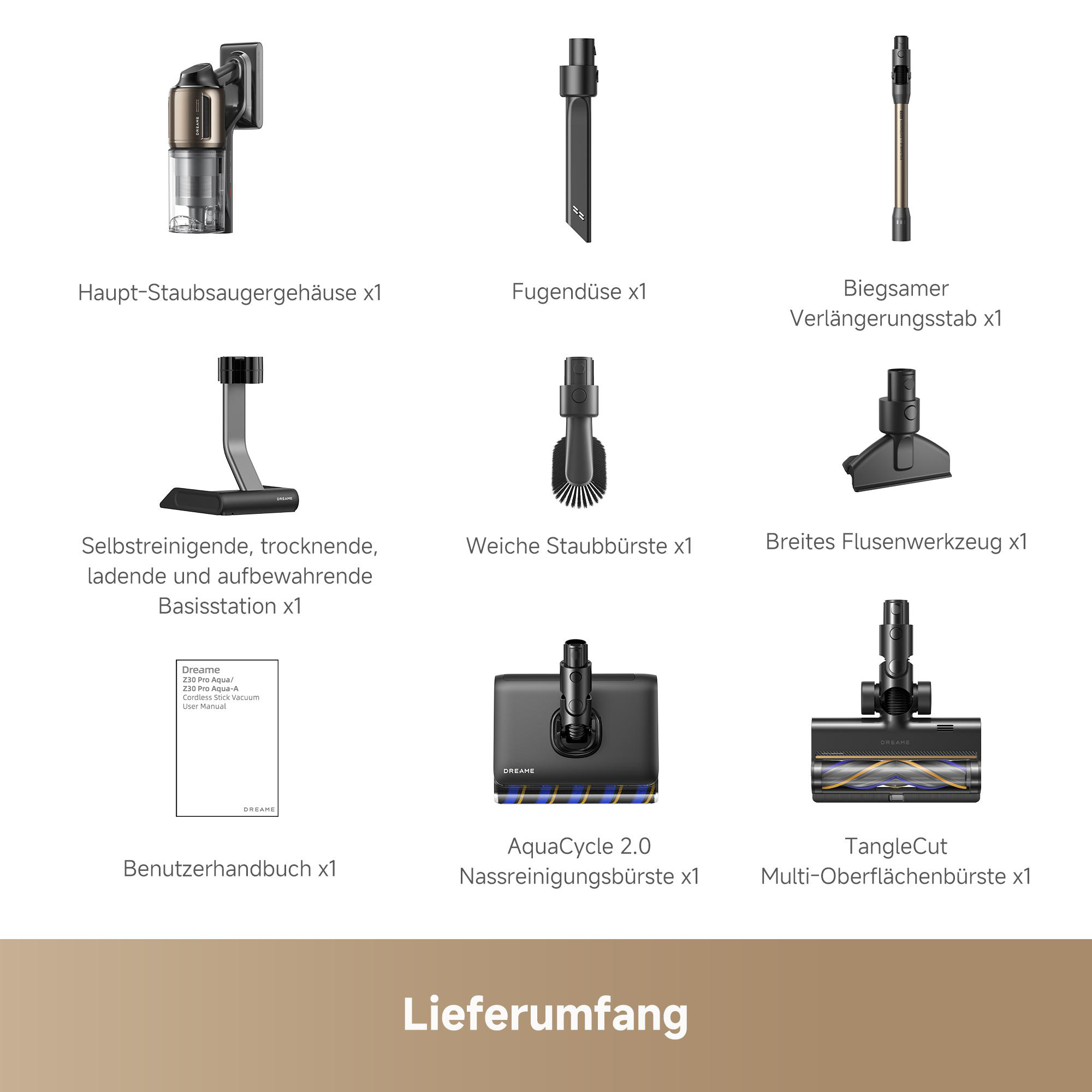 Vakuumteile: Gehäuse, Fugendüse, Verlängerungsstab, Basisstation, Bürsten.