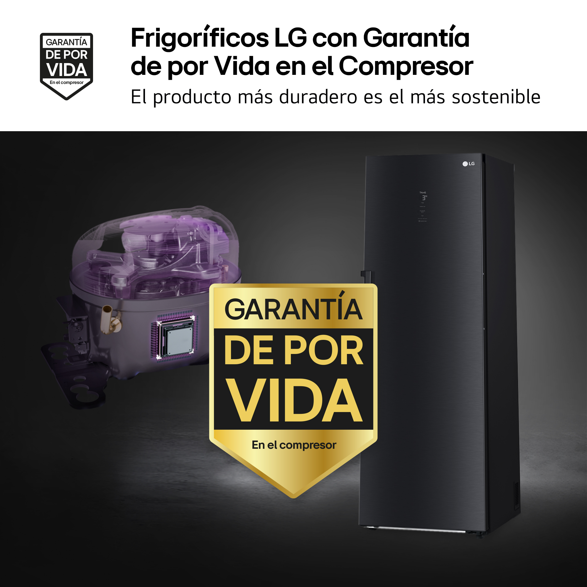 Un frigorífico LG negro con un compresor y un distintivo de garantía de por vida.