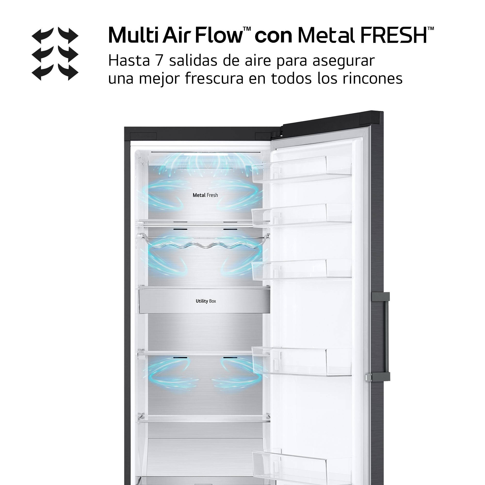 Interior de refrigerador abierto con estantes, mostrando "Metal Fresh" y "Utility Box".