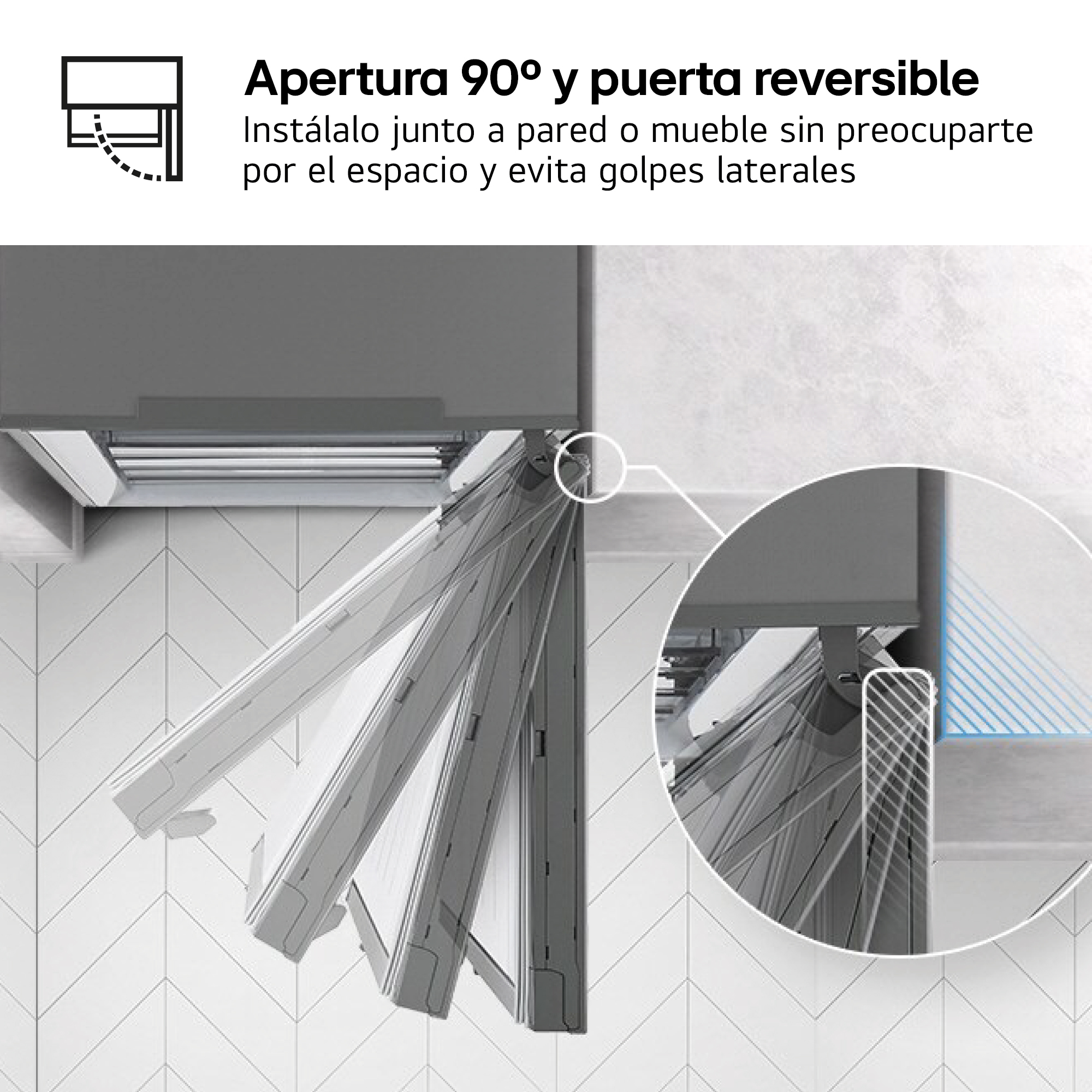 Apertura 90°, puerta reversible, cabe junto a pared/mueble.