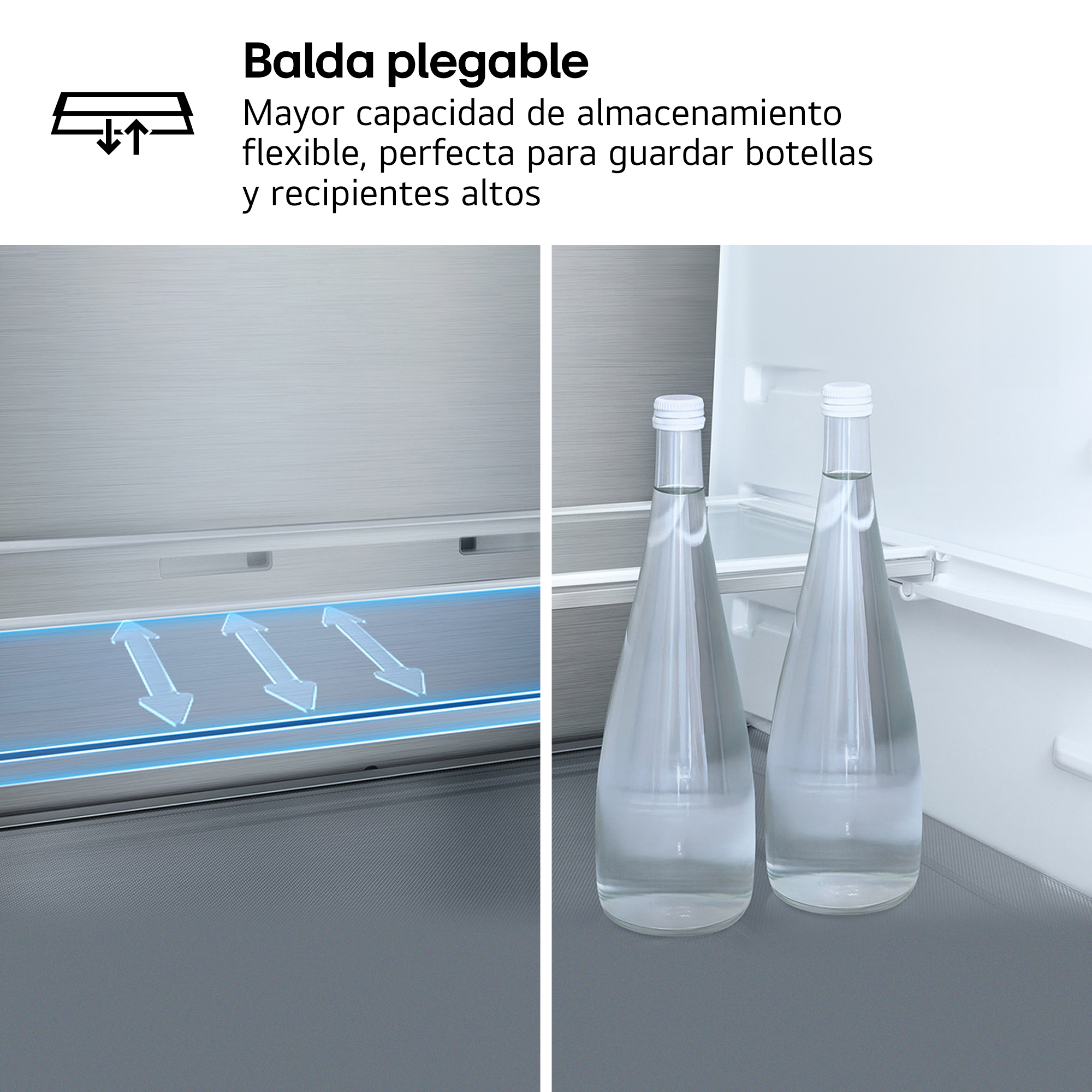 Una balda plegable para frigorífico con dos botellas de agua.