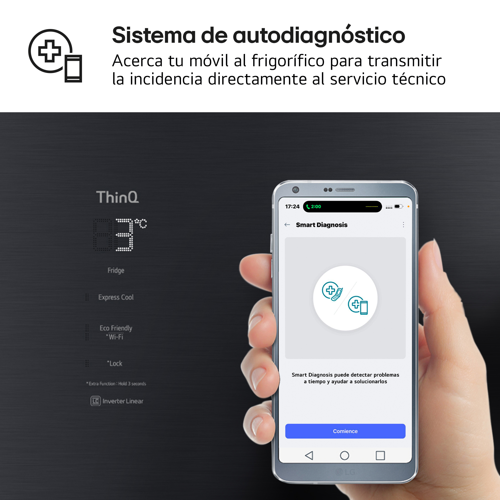 Un smartphone muestra la app Smart Diagnosis con iconos. Al lado, la pantalla de un frigorífico.
