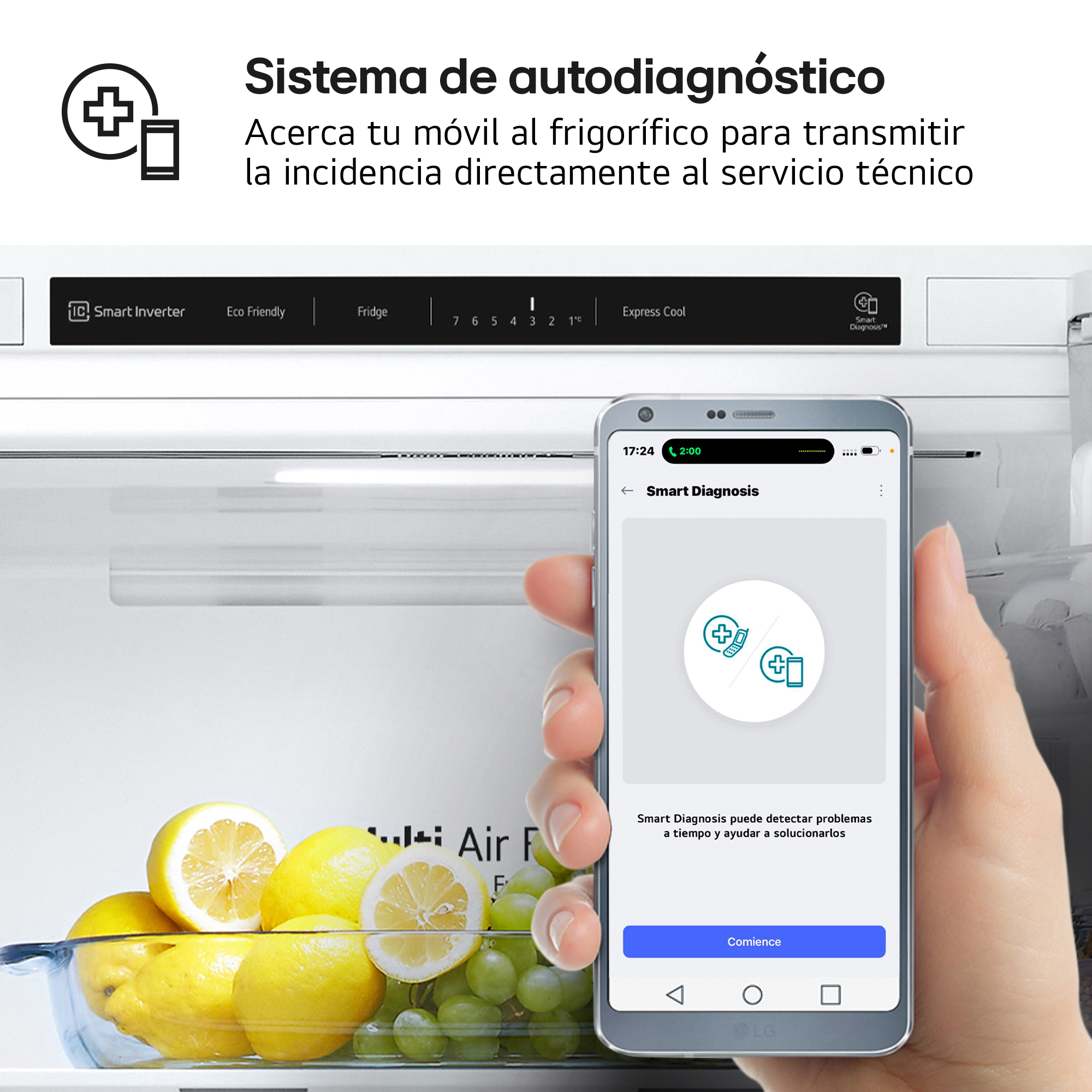 Sistema de autodiagnóstico. Acerca tu móvil al frigorífico para transmitir la incidencia directamente al servicio técnico