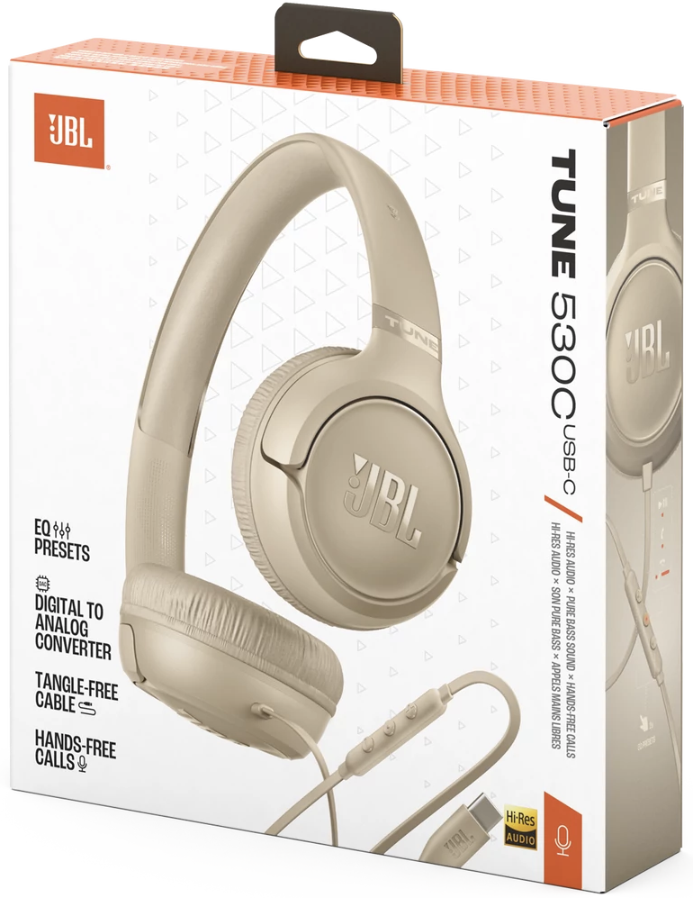 Bézs JBL Tune 530C USB-C fejhallgató dobozon logókkal és funkciókkal.