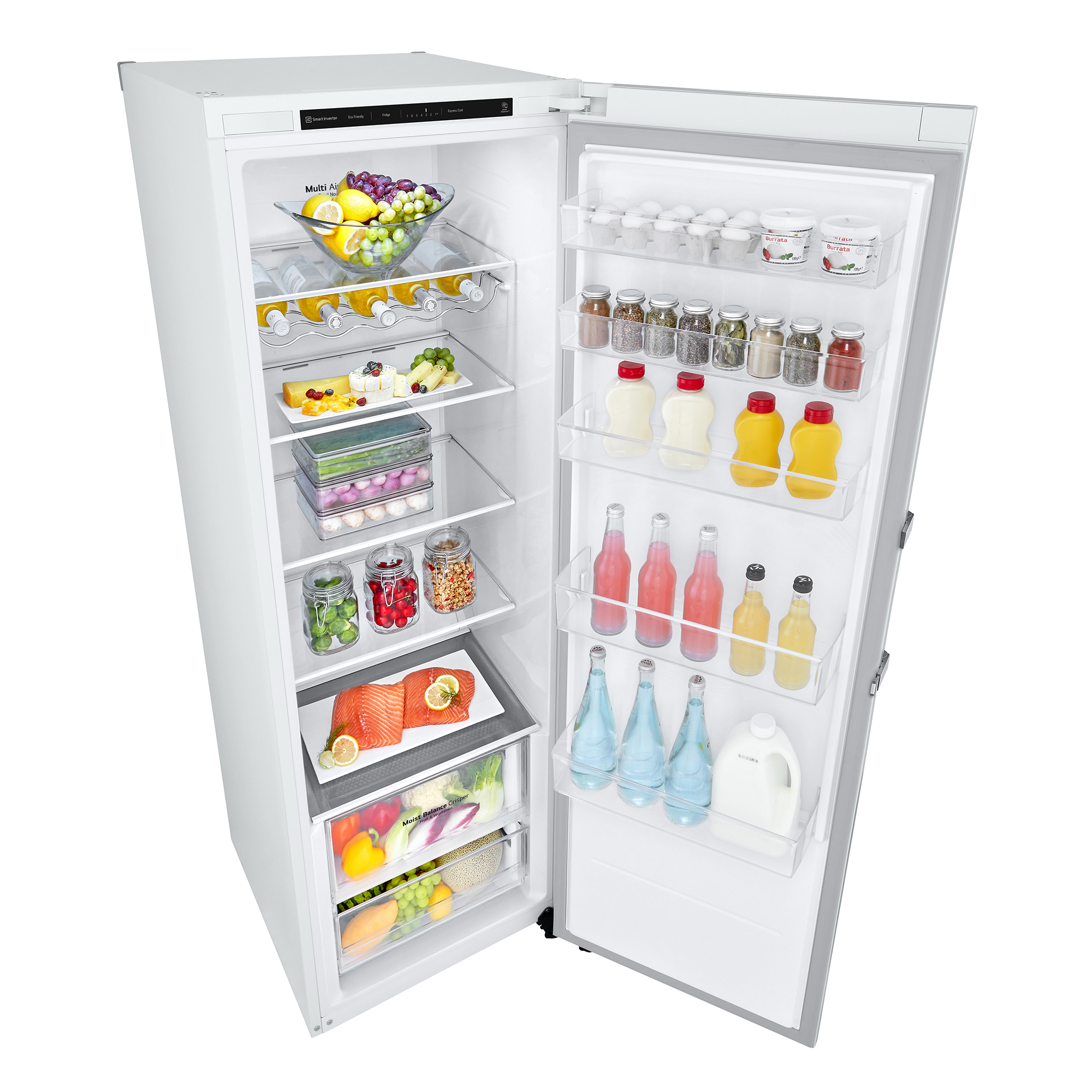 Un refrigerador abierto con frutas, verduras, queso, carne y bebidas.