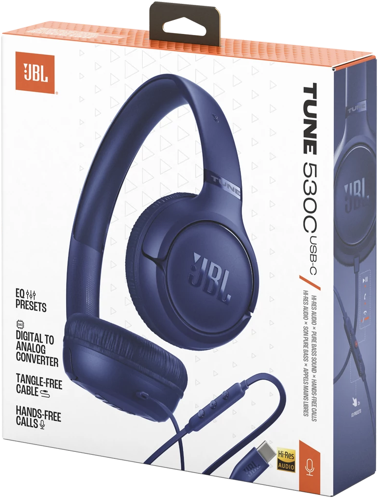 Sötétkék JBL Tune 530C USB-C fejhallgató dobozban, termékjellemzőkkel.