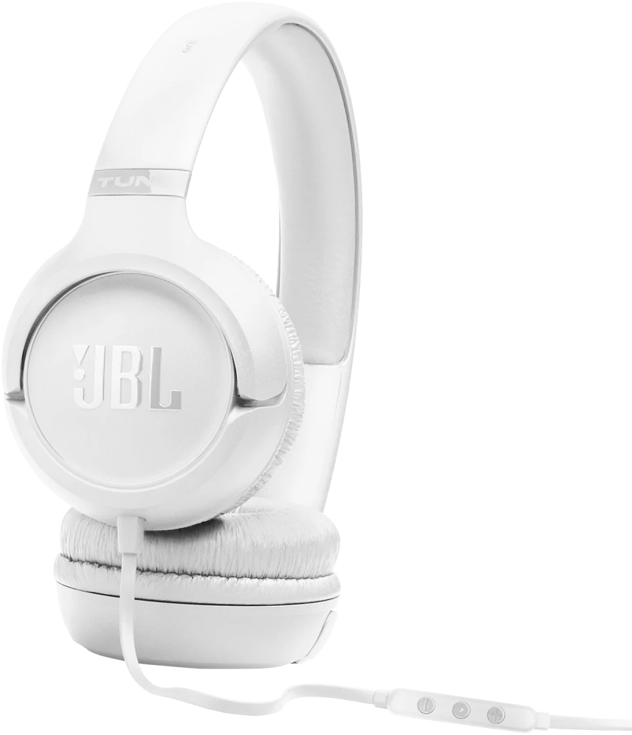 Fehér JBL fejhallgató beépített mikrofonnal és hangerőszabályzóval.