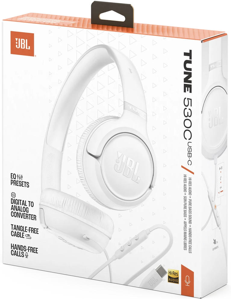 Fehér JBL Tune 530C USB-C fejhallgató fehér dobozon, narancssárga logóval.