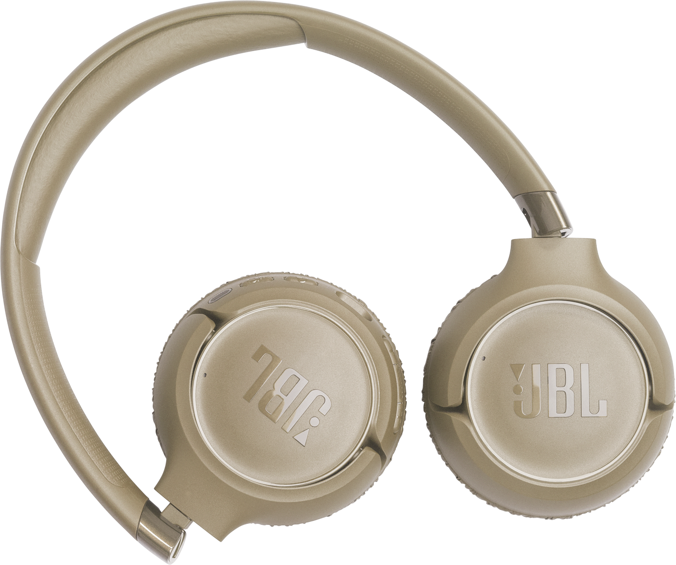 Bézs JBL fejhallgató közeli képe fekete háttér előtt. A JBL logó látható mindkét fülhallgatón.