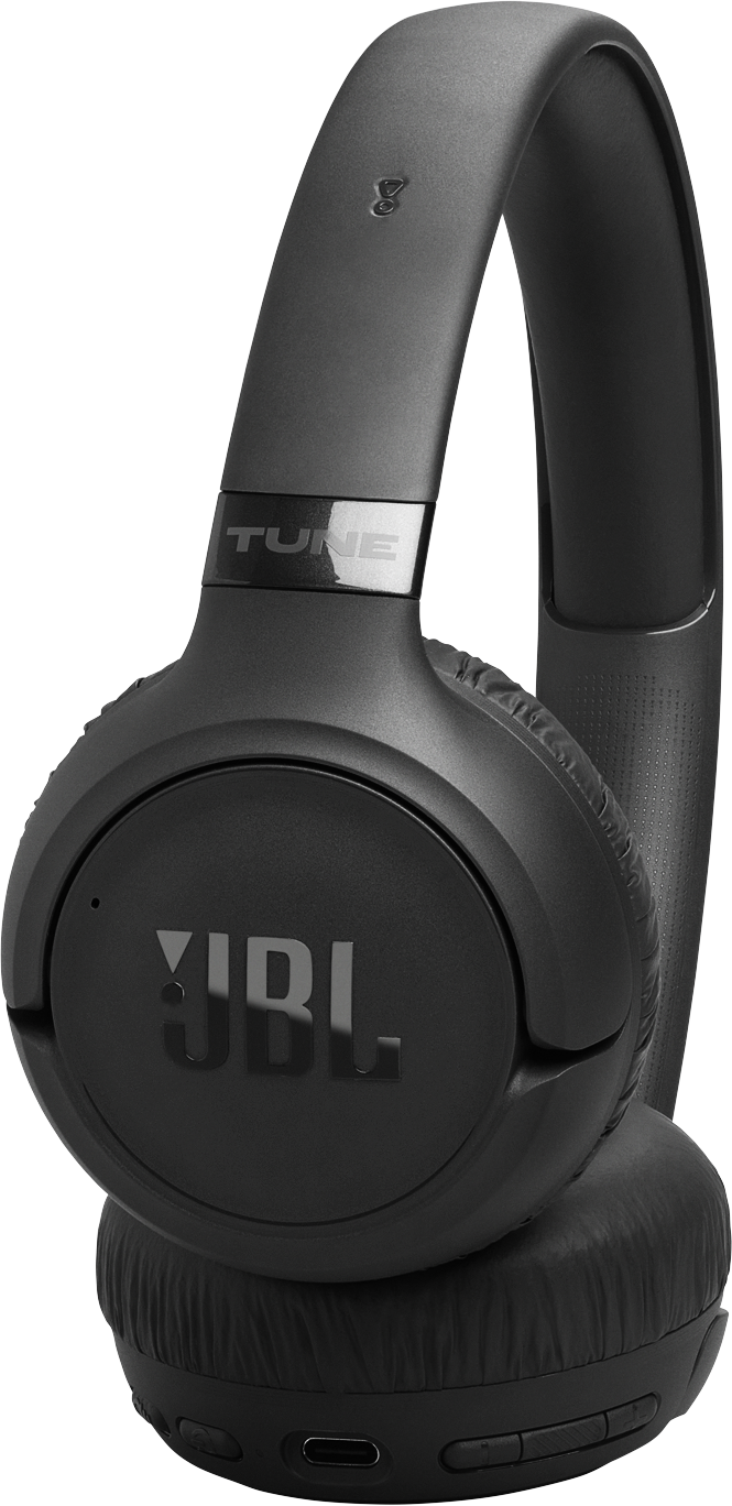 Fekete JBL fejhallgató "TUNE" felirattal és töltőporttal.