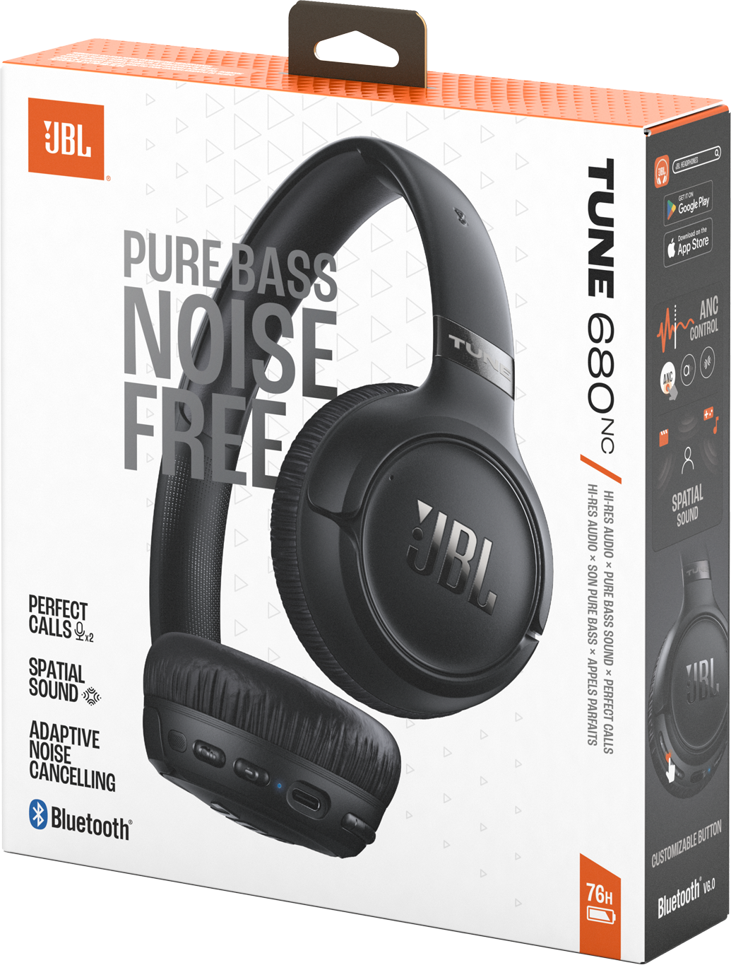 Fekete JBL Tune 680NC fejhallgató fehér dobozon, szöveggel.